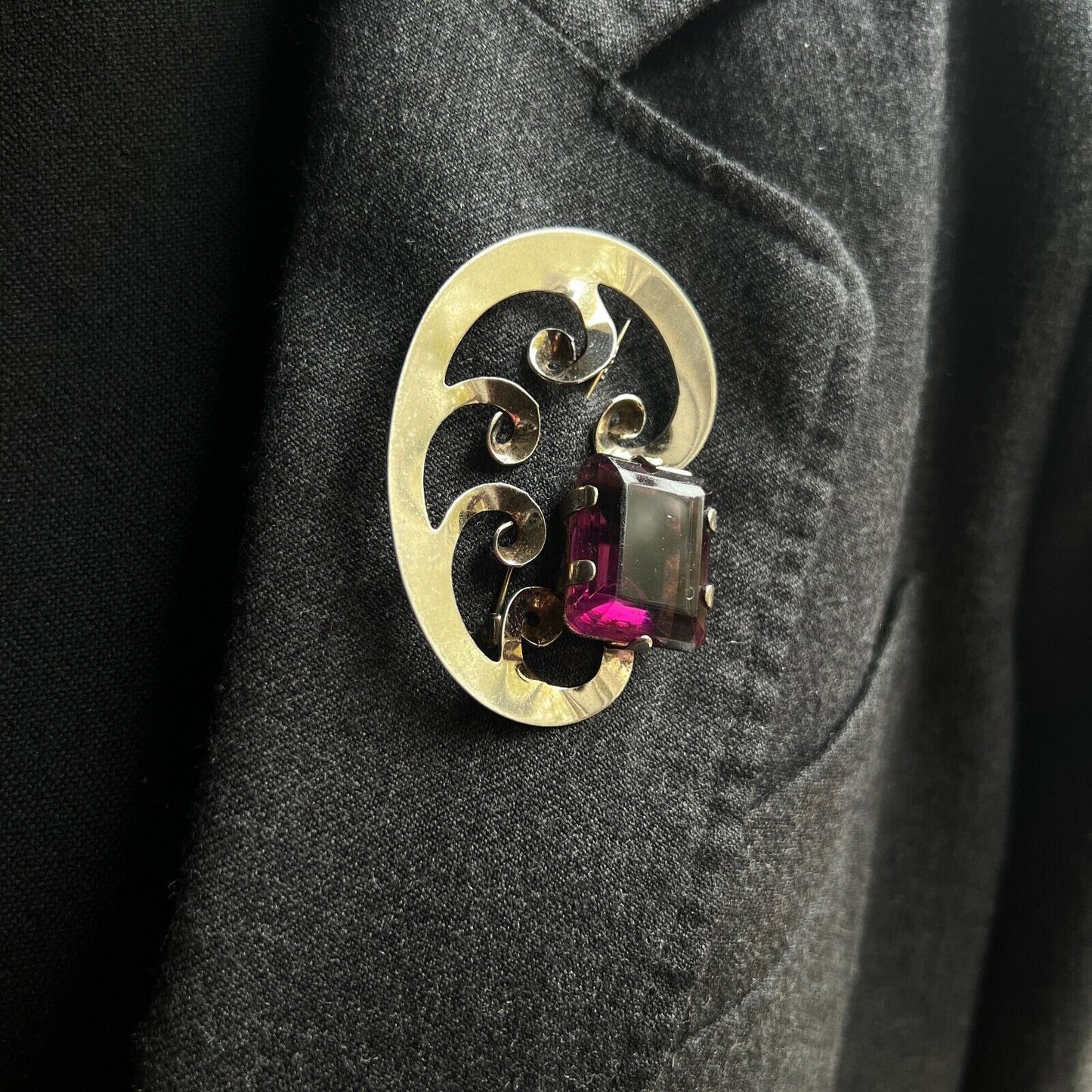 Vintage Sterling Silver with Amethyst Glass Stone Brooch Pin
