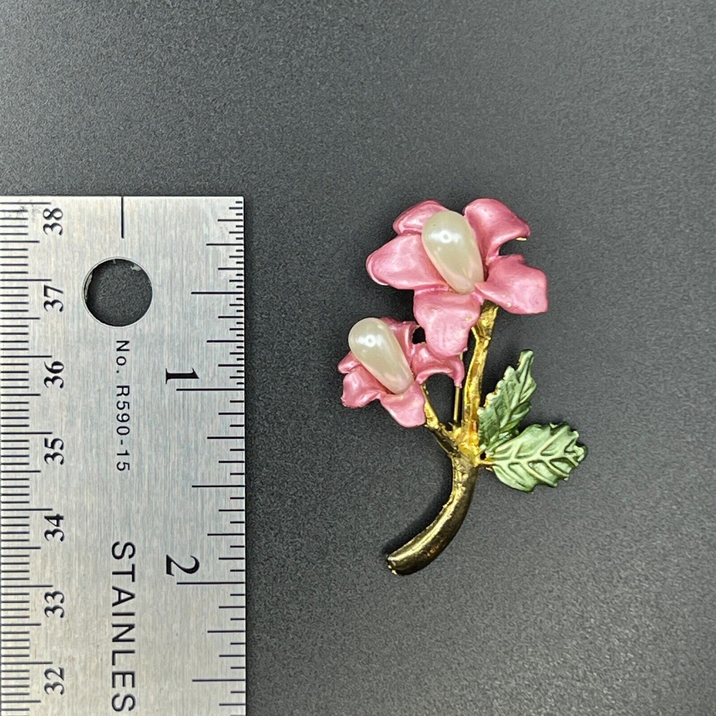 Vintage Gold-Toned Rose Pink & Green Enameled & Faux Pearl Flowers Brooch Pin