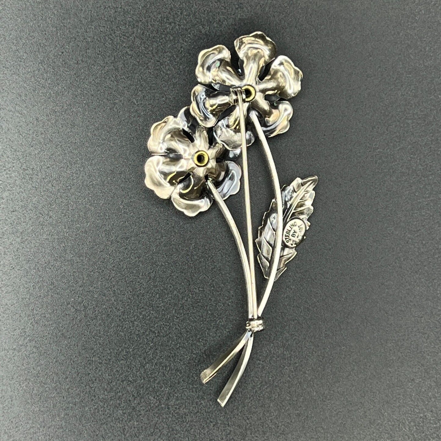 Vintage Marked Jewelart Sterling Silver Multi-Petaled Flowers w Leaf Brooch Pin