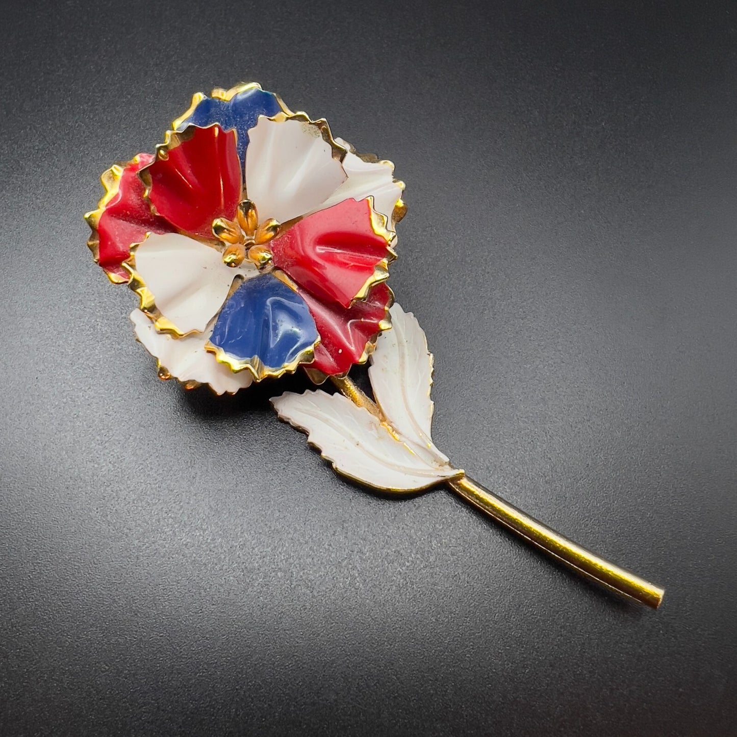 Vintage Flower Brooch Enameled Red White & Blue & Gold-Toned Stem Pin