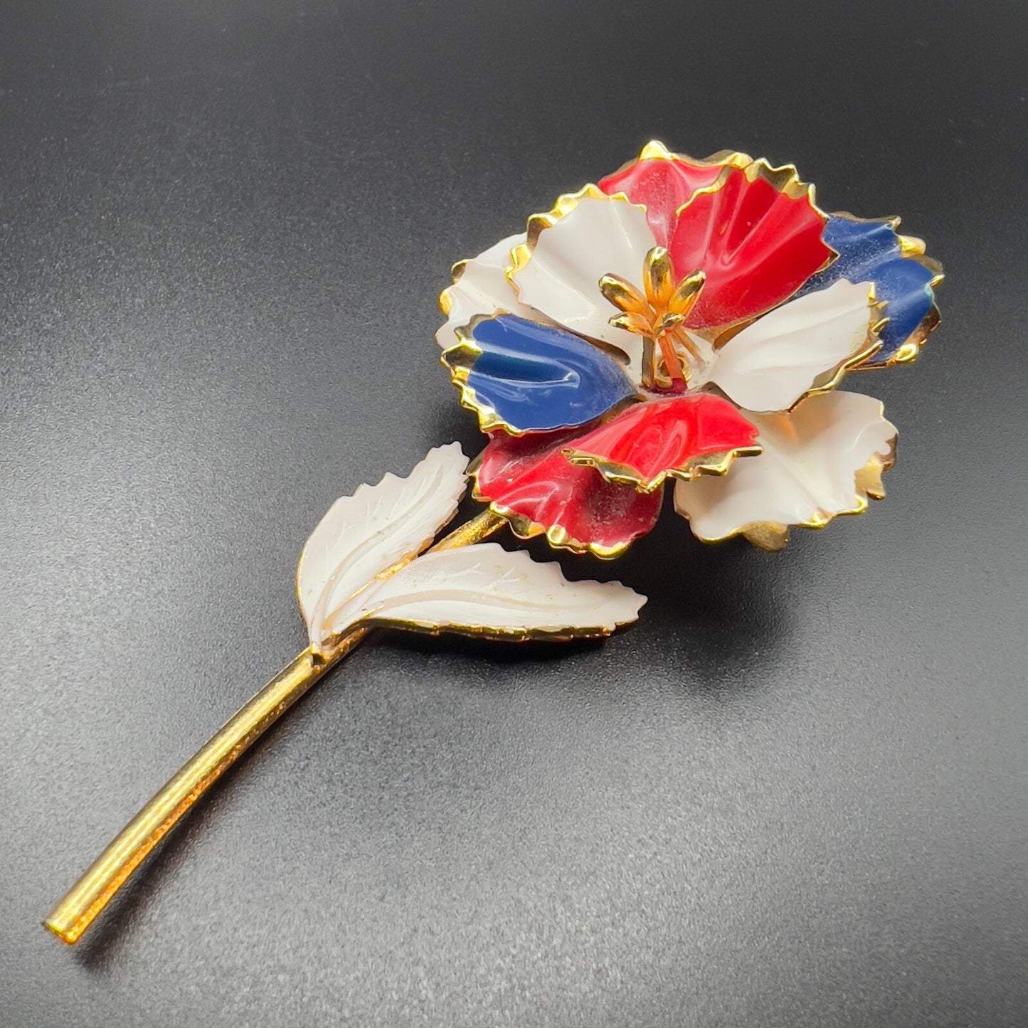 Vintage Flower Brooch Enameled Red White & Blue & Gold-Toned Stem Pin