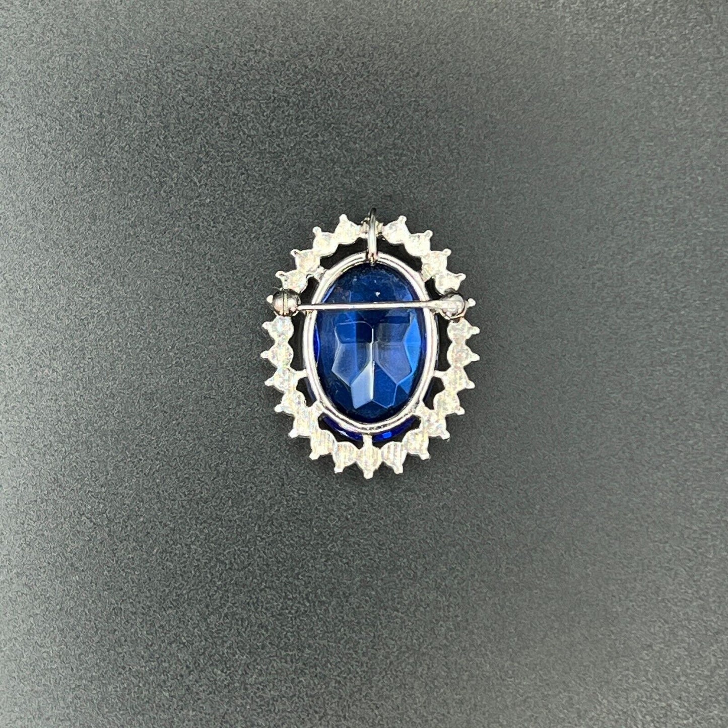 Vintage Sparkling Blue Glass & Clear Rhinestones Silver-Toned Pendant Brooch Pin