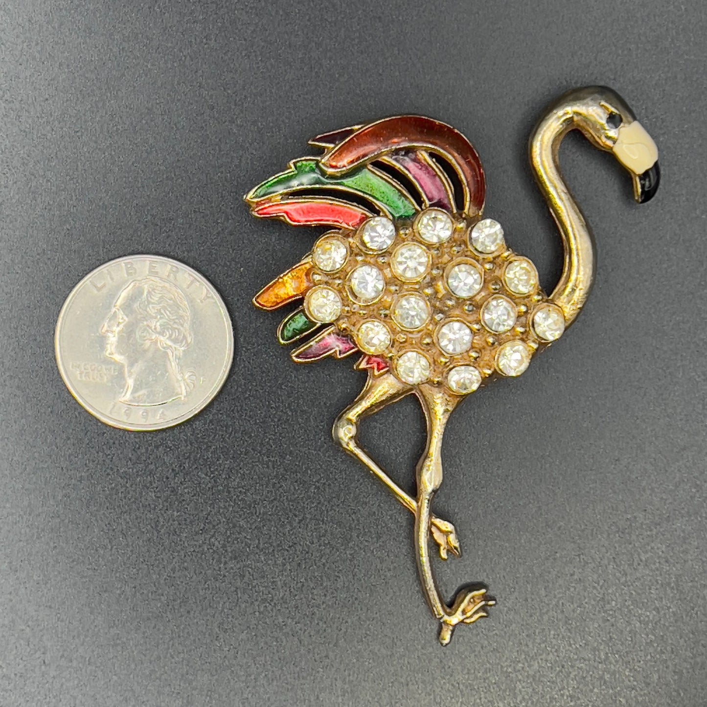 Vintage Novelty Large Flamingo Gold-Toned & Enamel Brooch w Clear Rhinestones