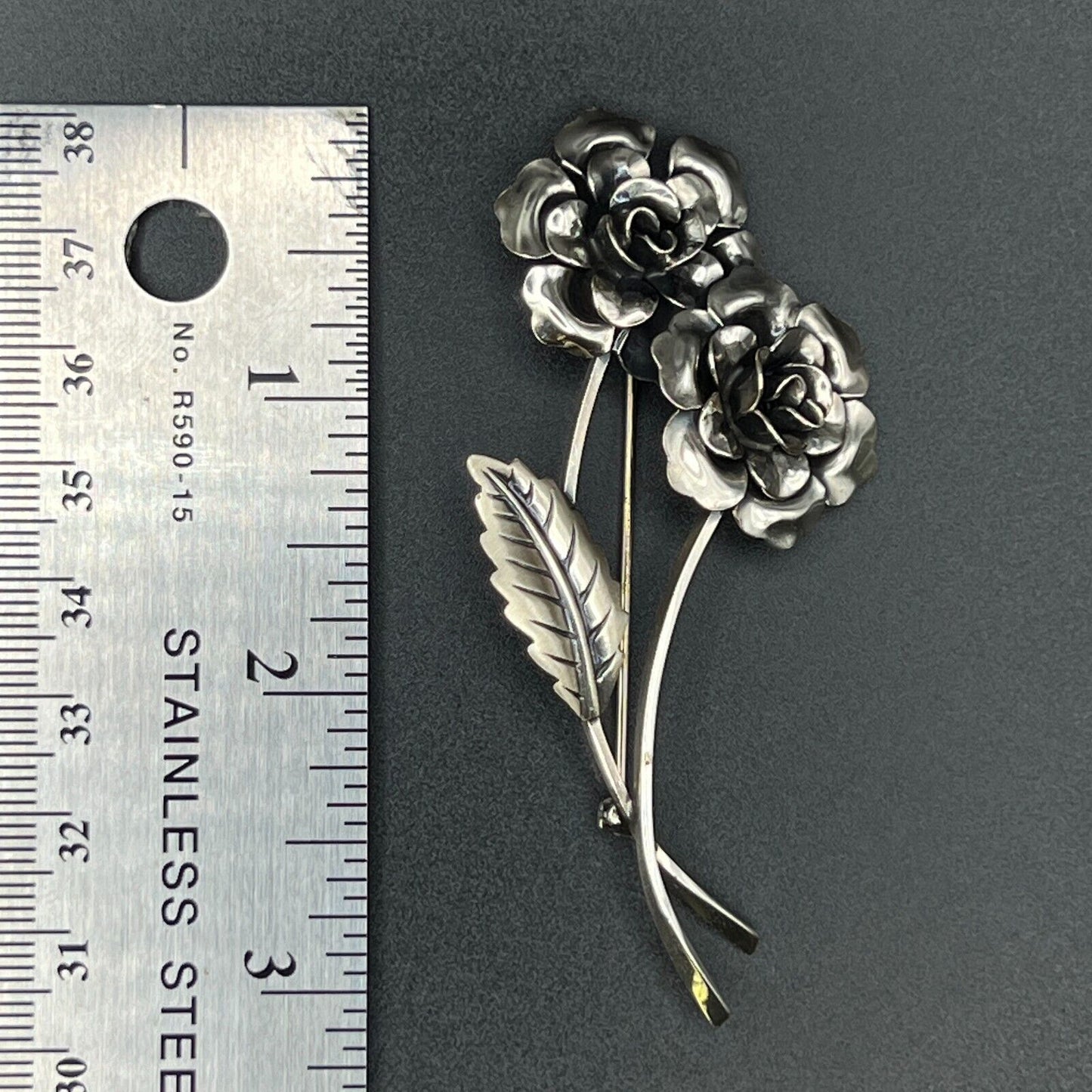Vintage Marked Jewelart Sterling Silver Multi-Petaled Flowers w Leaf Brooch Pin