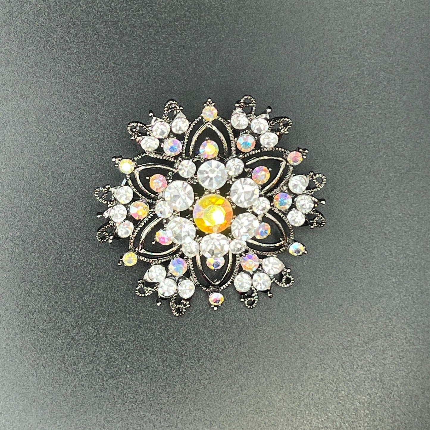 Vintage Silver/Gray-Toned w Clear & Aurora Borealis Rhinestones Brooch Pin