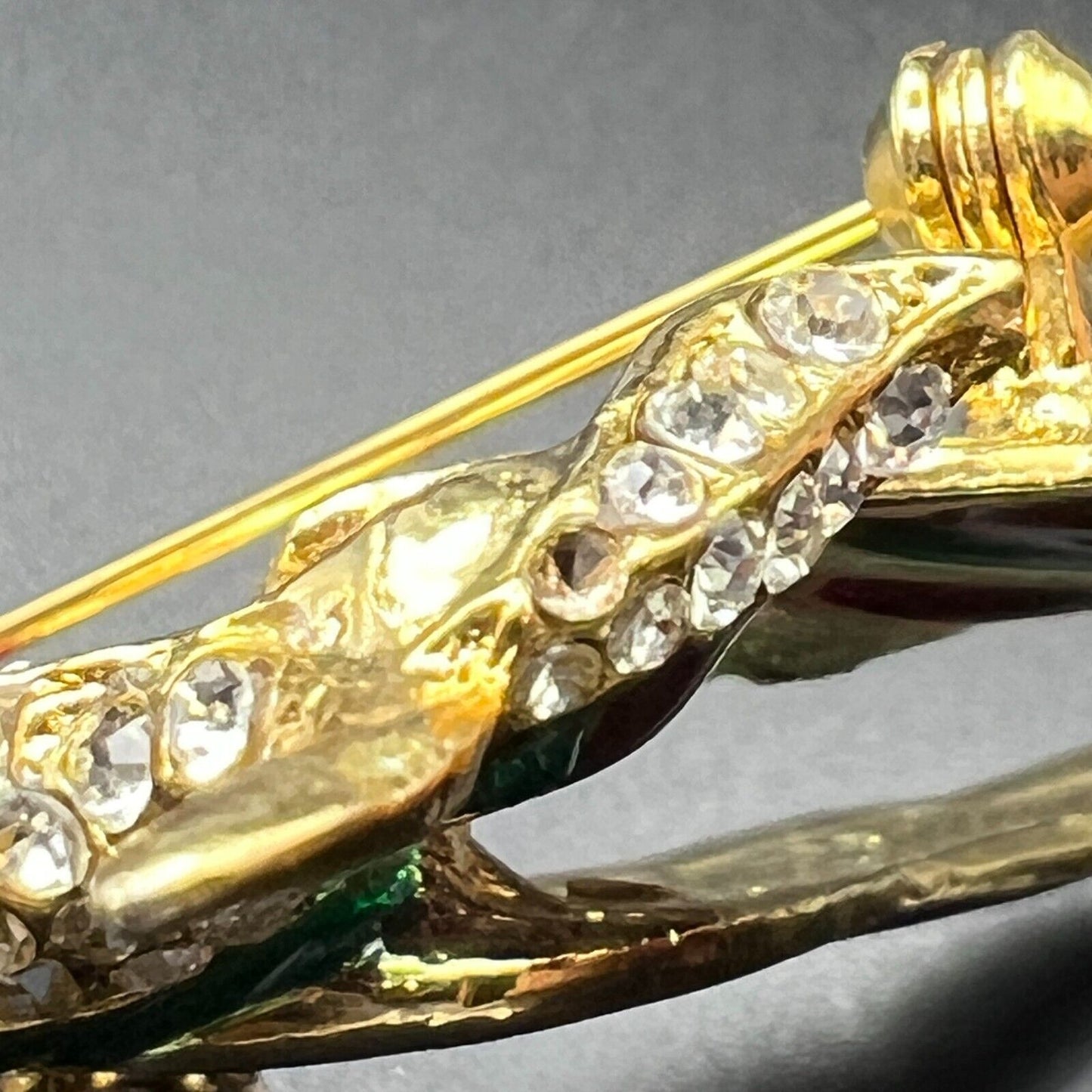 Vintage Novelty Bird Of Paradise Clear Crystals Red/Green Enameled Brooch Pin