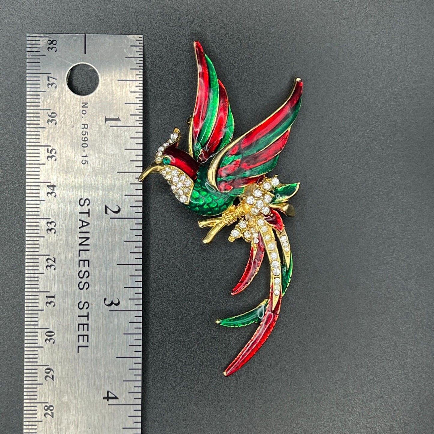 Vintage Novelty Bird Of Paradise Clear Crystals Red/Green Enameled Brooch Pin