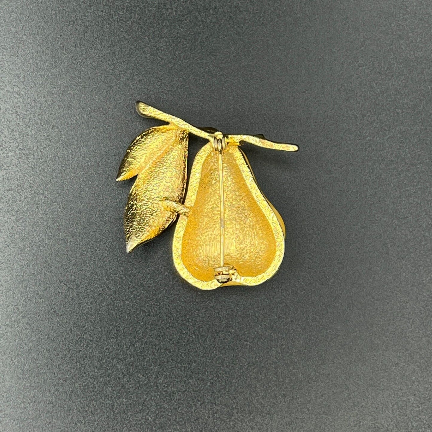 Vintage Gold-Toned Enameled Pear w Three Rhinestones & Green Leaves Brooch Pin