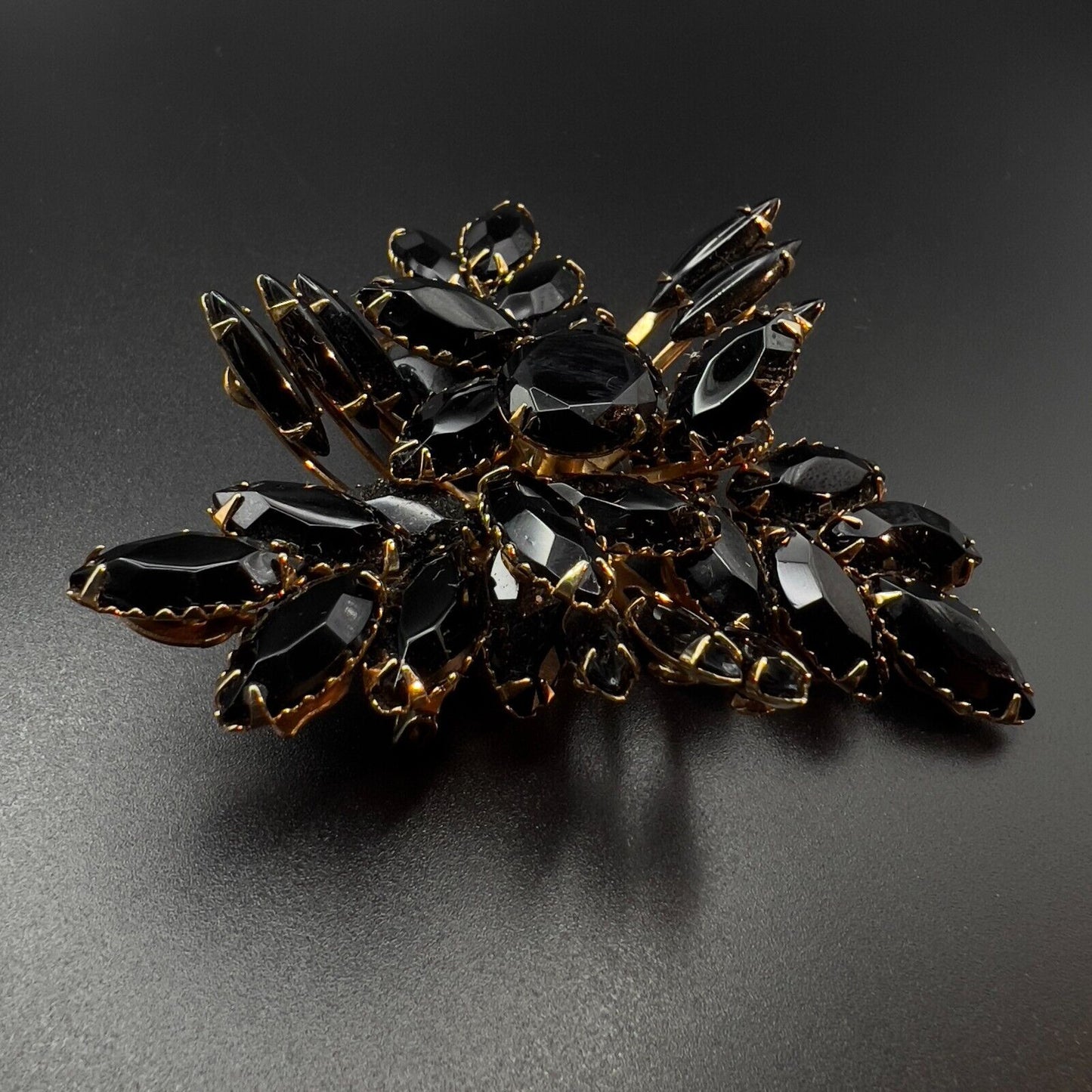 Vintage Large Beautiful Gold-Toned and Black Stones 3-Dimensional Brooch Pin
