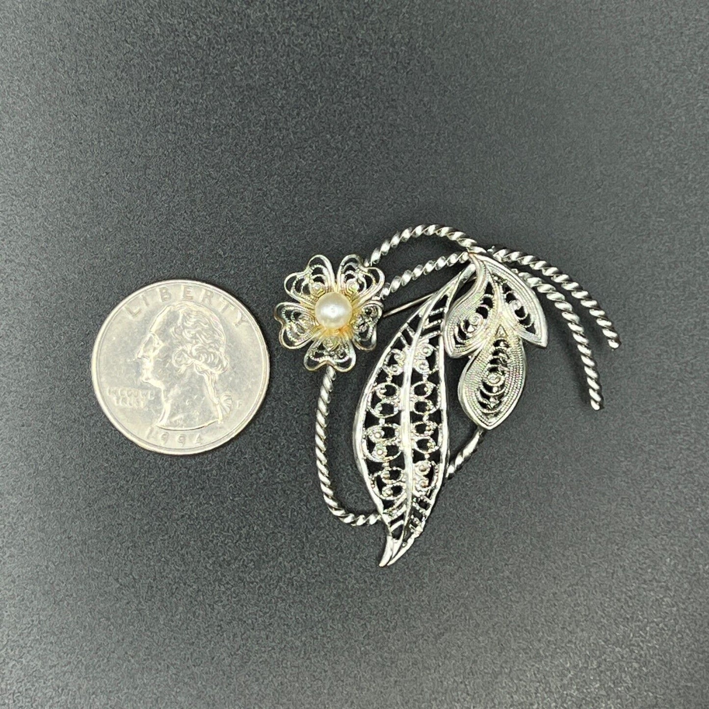 Vintage Western Germany Silver-Toned Filigree Leaves w a Faux Pearl Brooch Pin