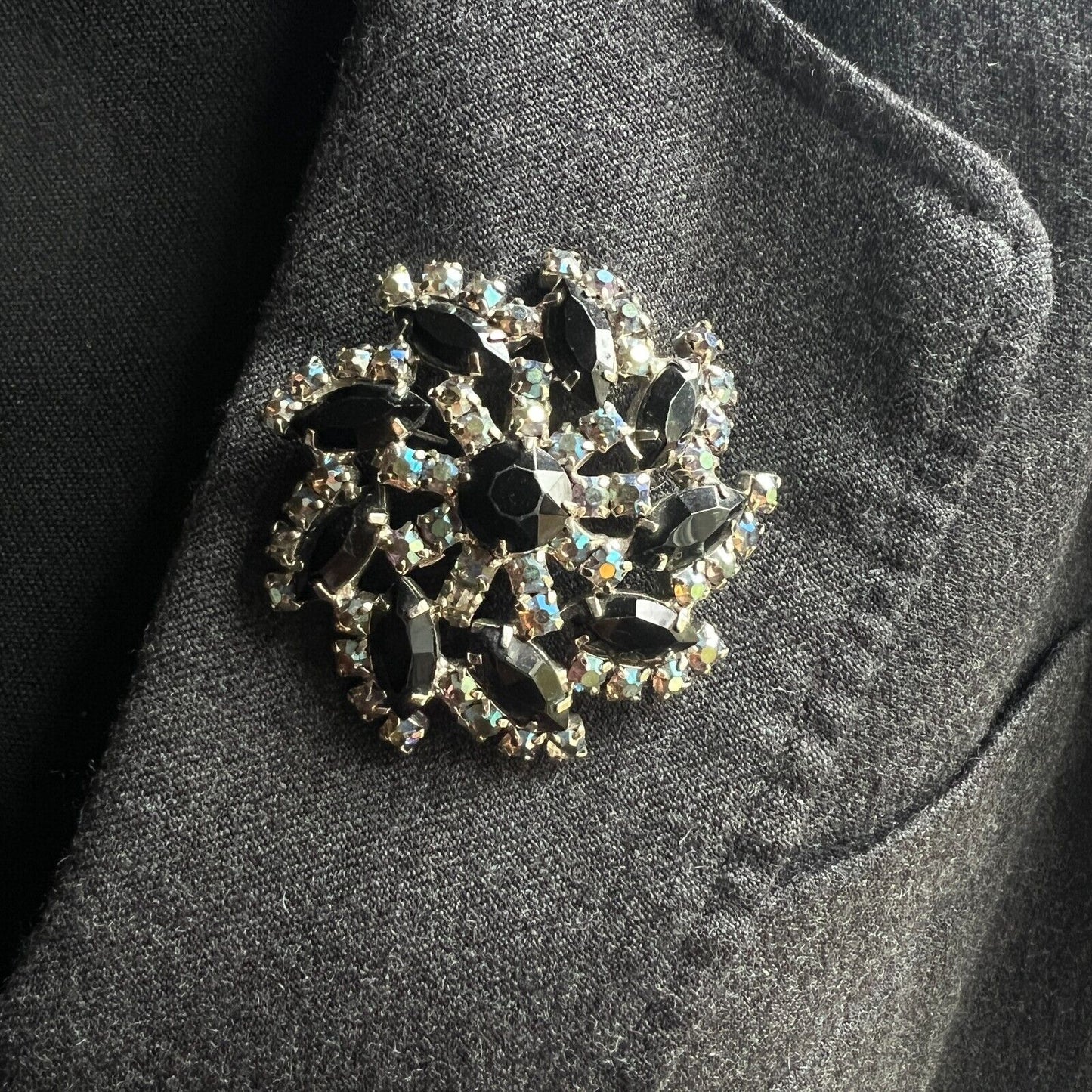 Vintage Schreiner? Silver-Tone w Jet Black Rhinestones & Smoky Topaz AB Brooch