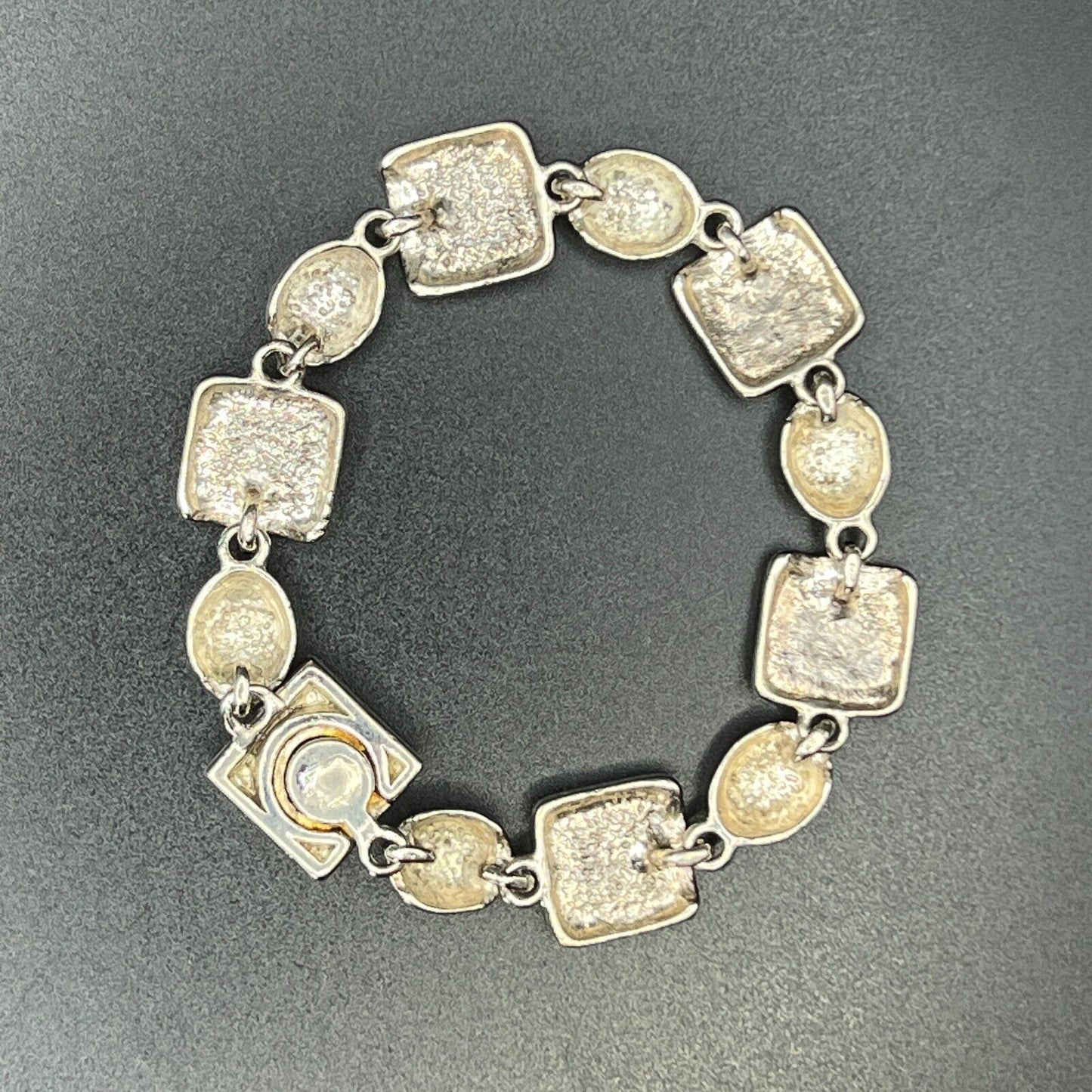 Vintage Stunning Round & Square Silver-Toned w Square Black Onyx Links Bracelet