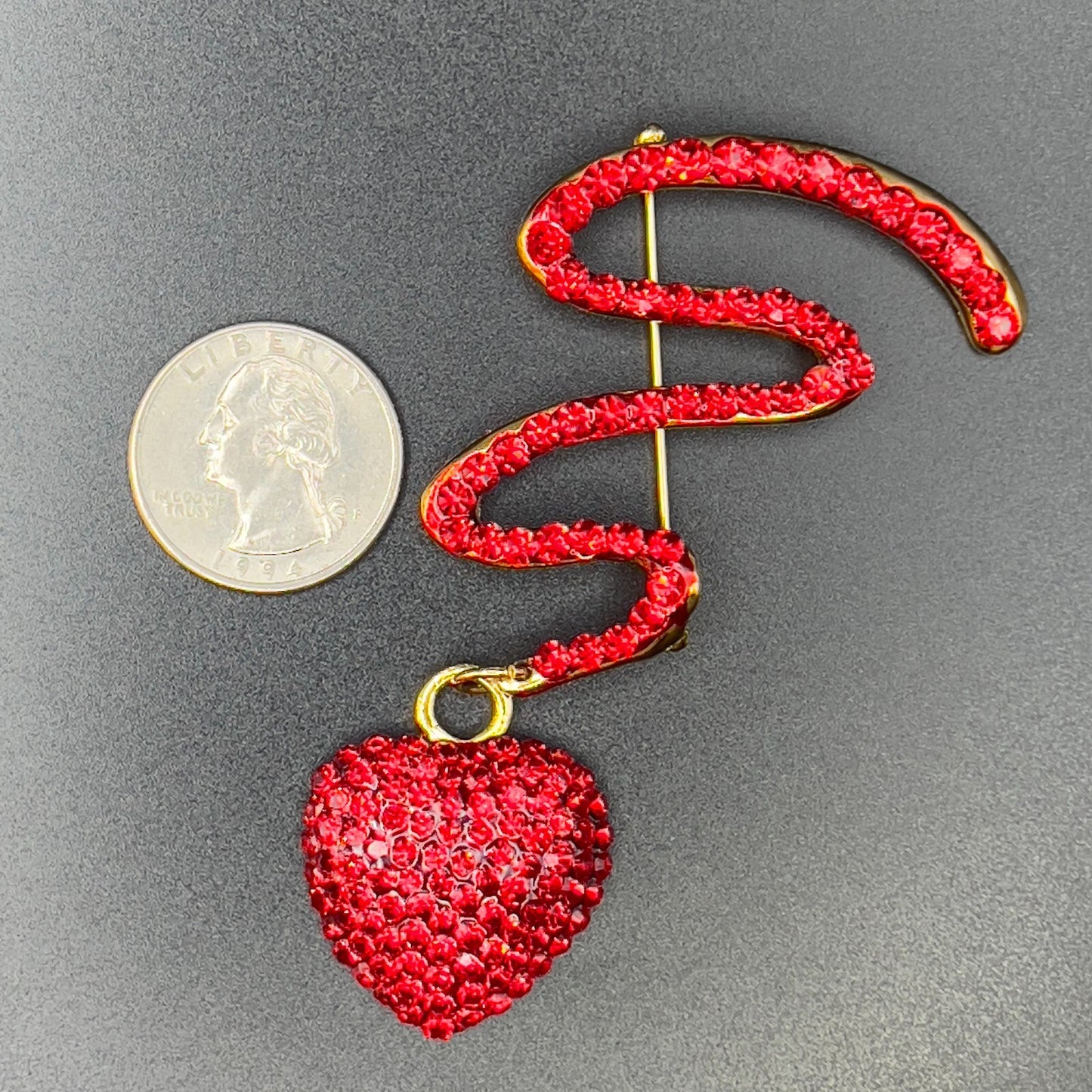 Vintage Movable Heart Brooch Gold-Toned Ruby Red Rhinestones Sparkly Large Pin