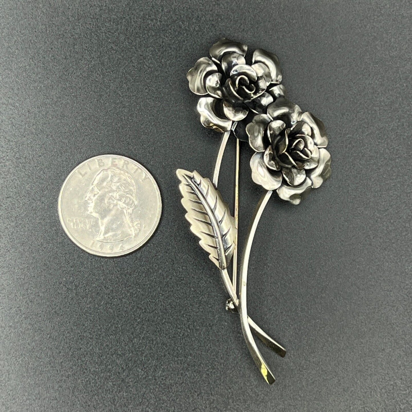 Vintage Marked Jewelart Sterling Silver Multi-Petaled Flowers w Leaf Brooch Pin