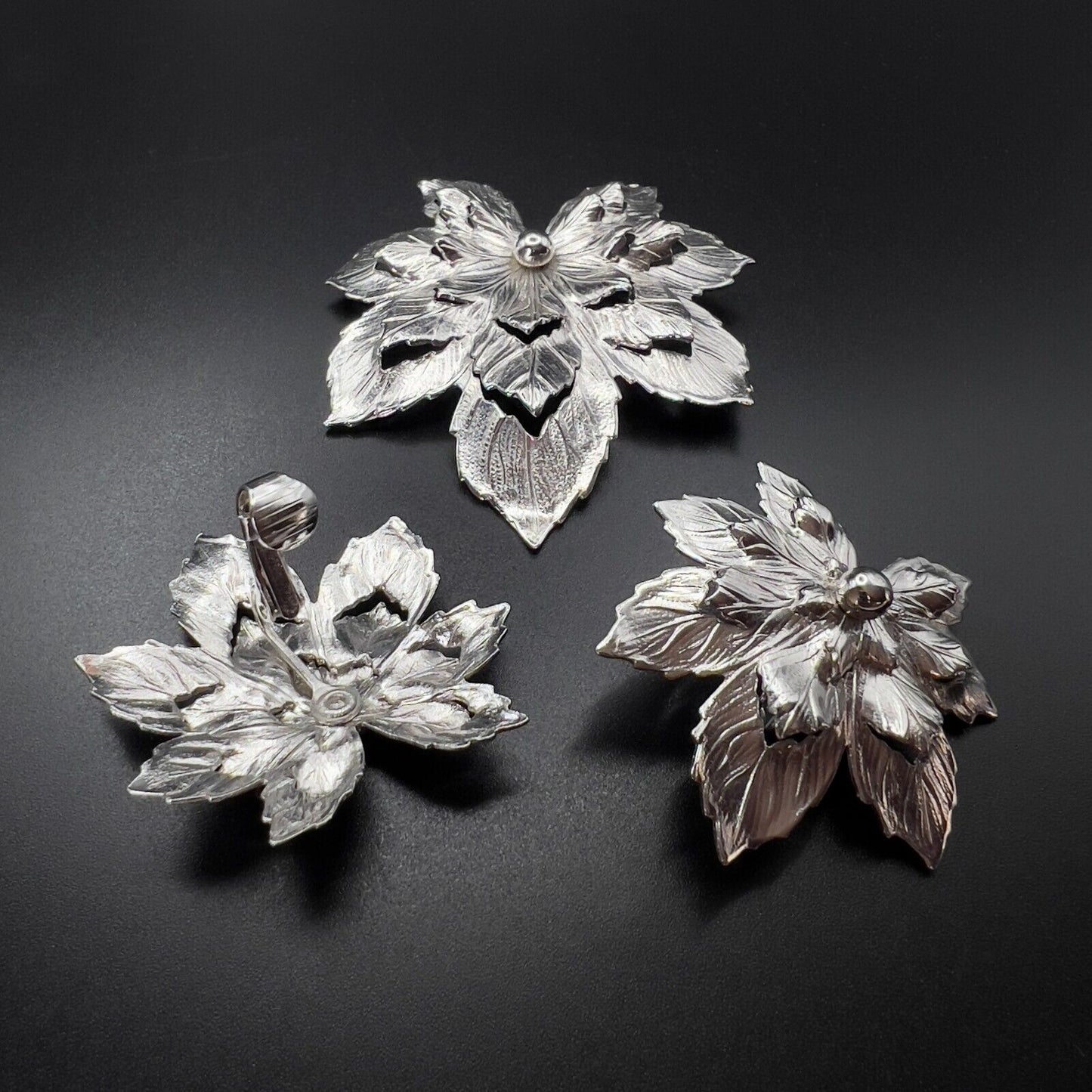 Vintage Maple Leaves Silver-Toned Signed Sarah Cov Brooch Pin & Clip On Earrings