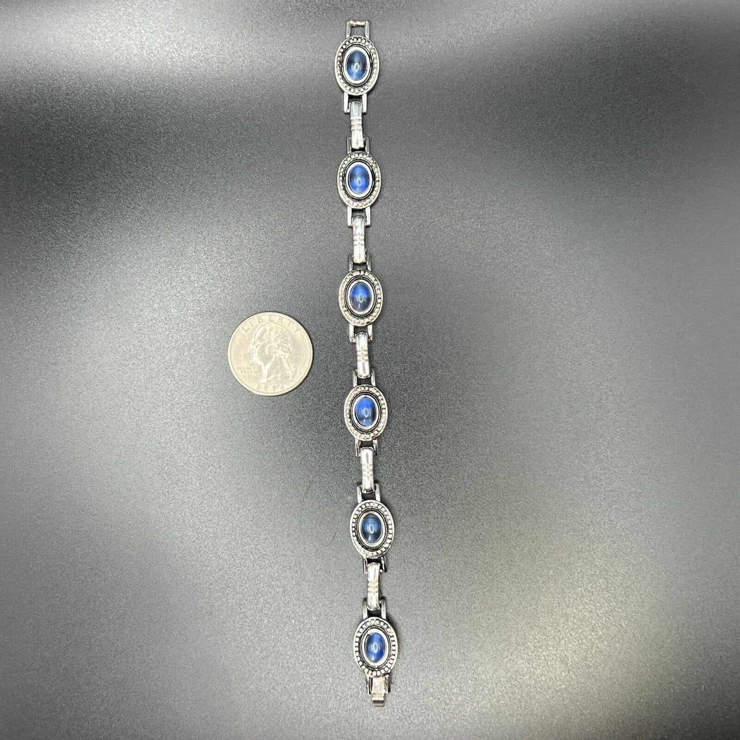 Vintage Elegant Silver-Toned Liz Claiborne Blue Cabochon Link Bracelet