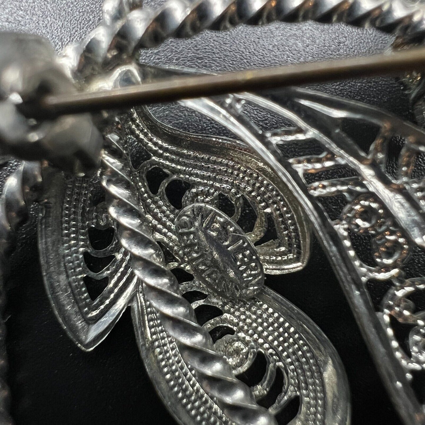 Vintage Western Germany Silver-Toned Filigree Leaves w a Faux Pearl Brooch Pin