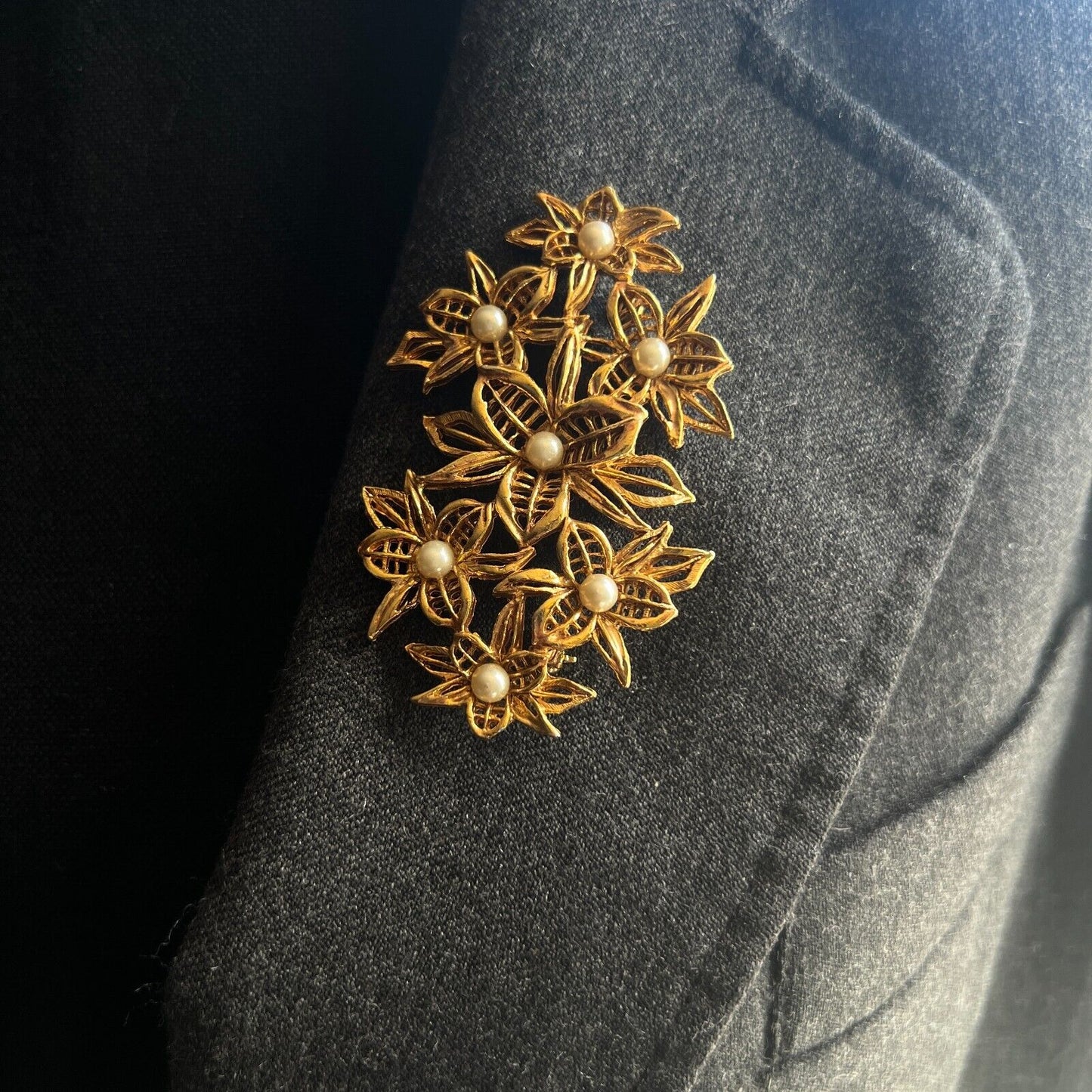 Vintage Large Flower Cluster with Faux Pearls Gold-Toned Bouquet Brooch Pin