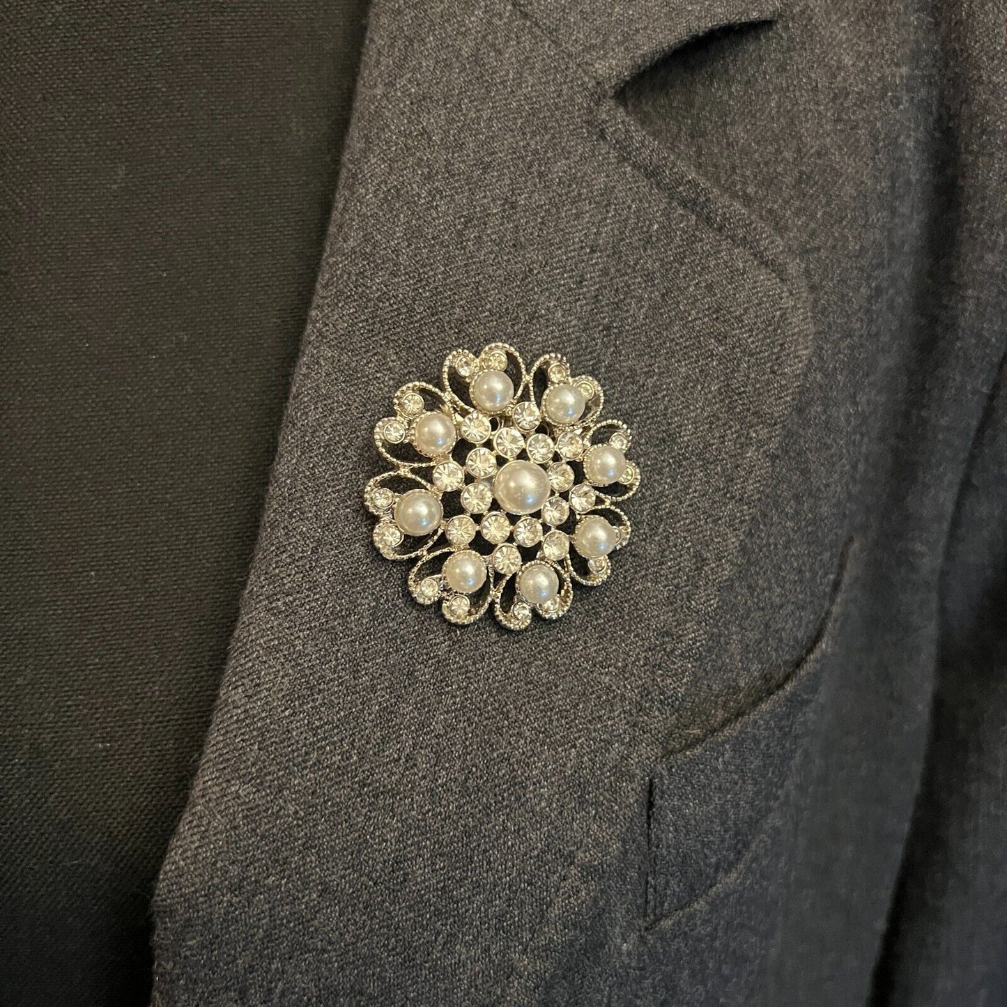 Vintage Silver-Toned Crystal Rhinestones & Faux Pearl Scroll Work Brooch Pin