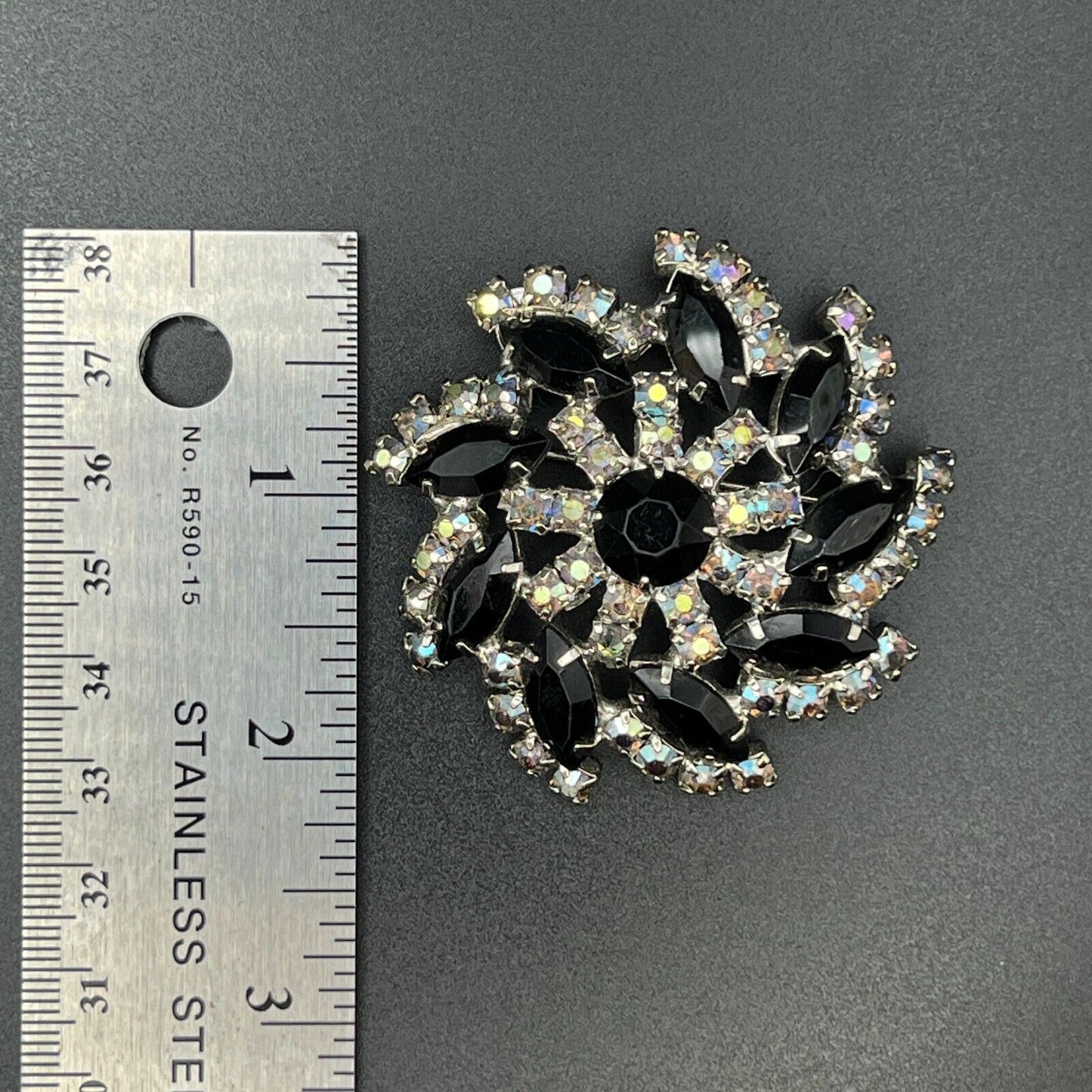 Vintage Schreiner? Silver-Tone w Jet Black Rhinestones & Smoky Topaz AB Brooch