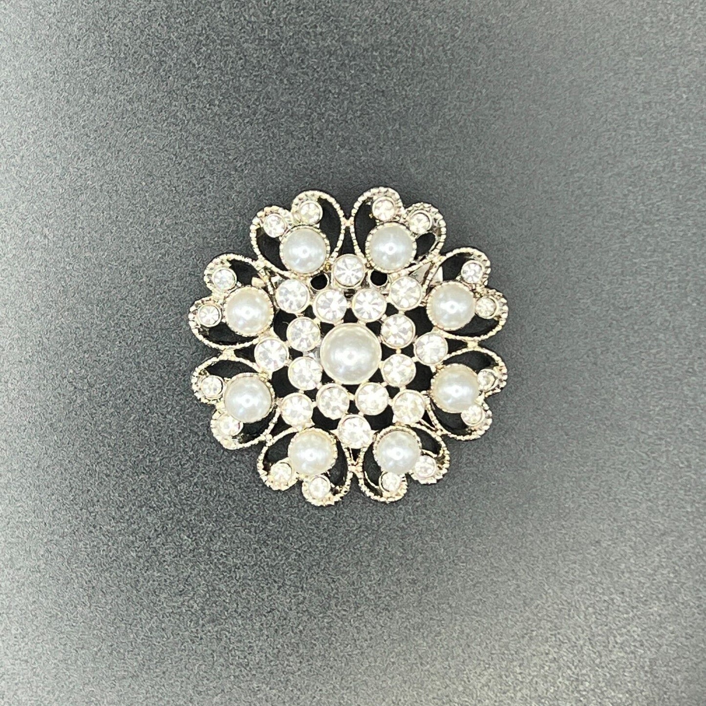 Vintage Silver-Toned Crystal Rhinestones & Faux Pearl Scroll Work Brooch Pin