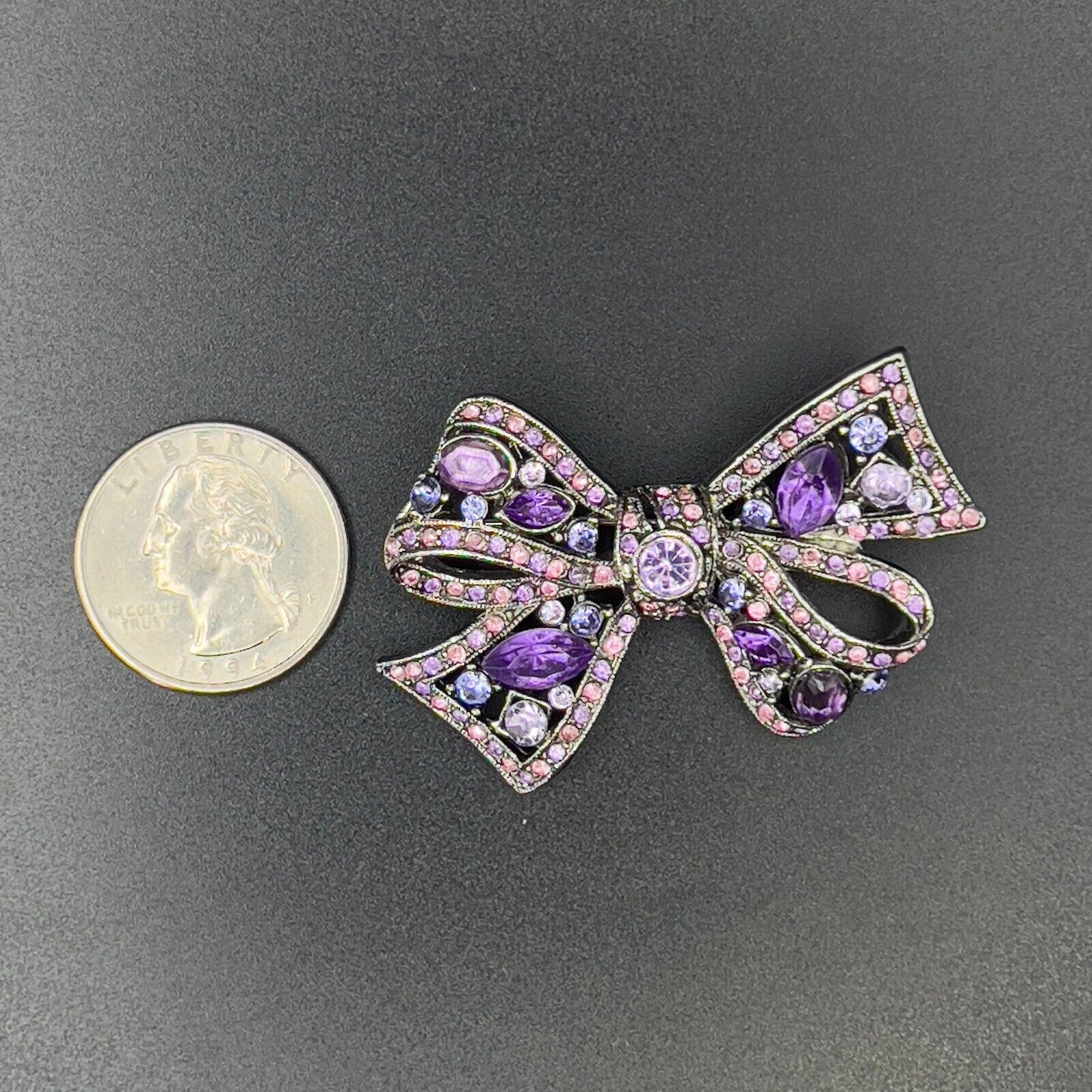 Vintage Unique Silver-Toned Purple/Pink Rhinestones Bow Brooch Pin