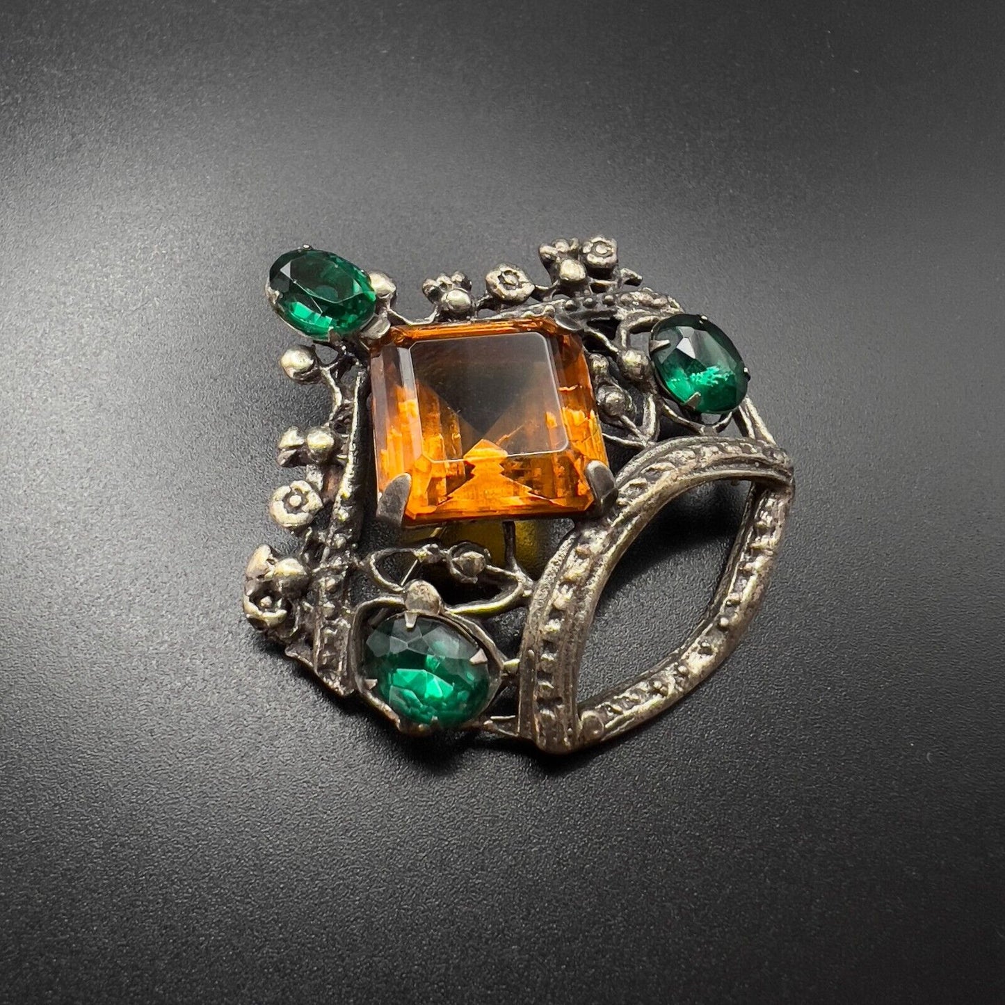 Vintage Silver-Toned Topaz & Emerald Colored Rhinestones Crown Brooch Pin