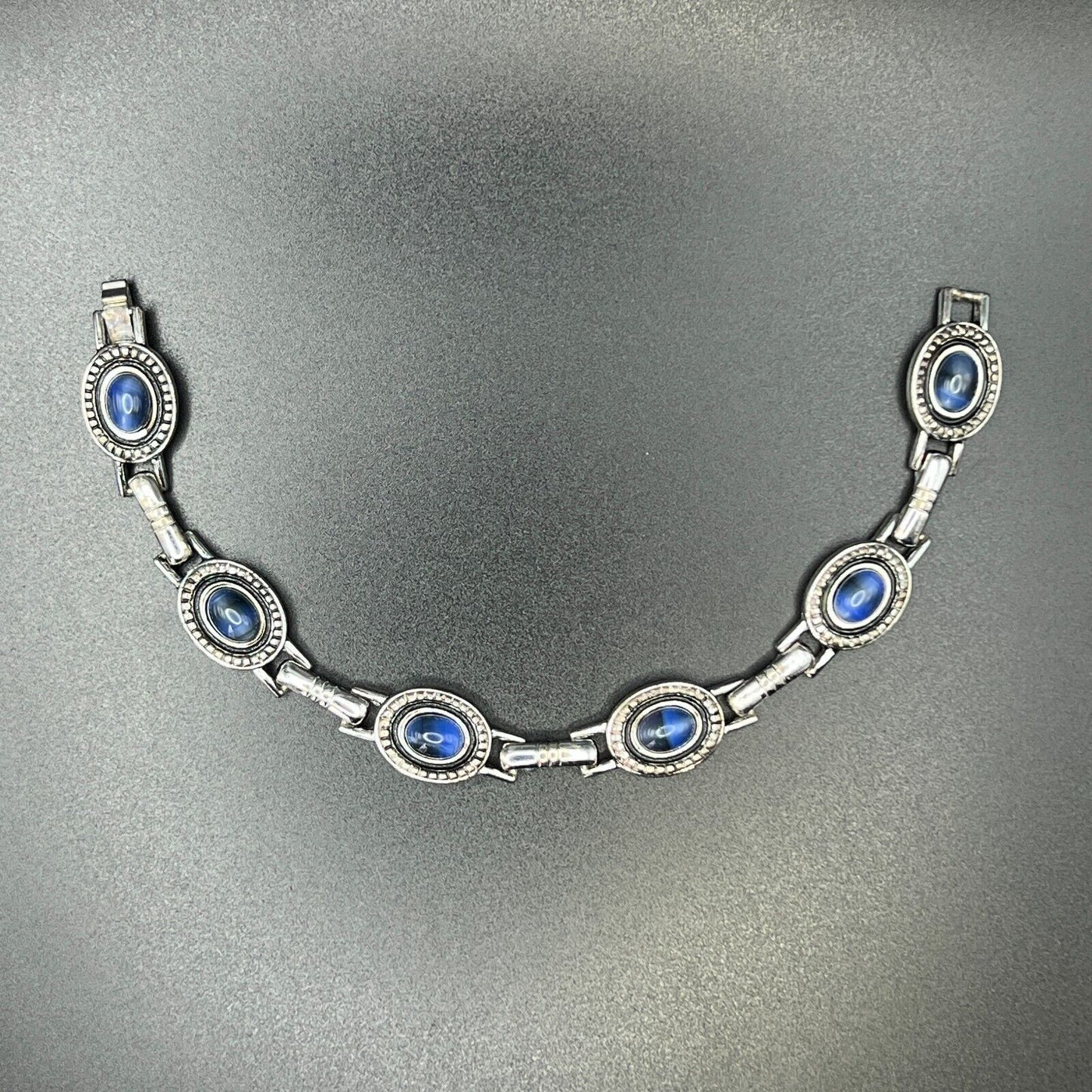 Vintage Elegant Silver-Toned Liz Claiborne Blue Cabochon Link Bracelet