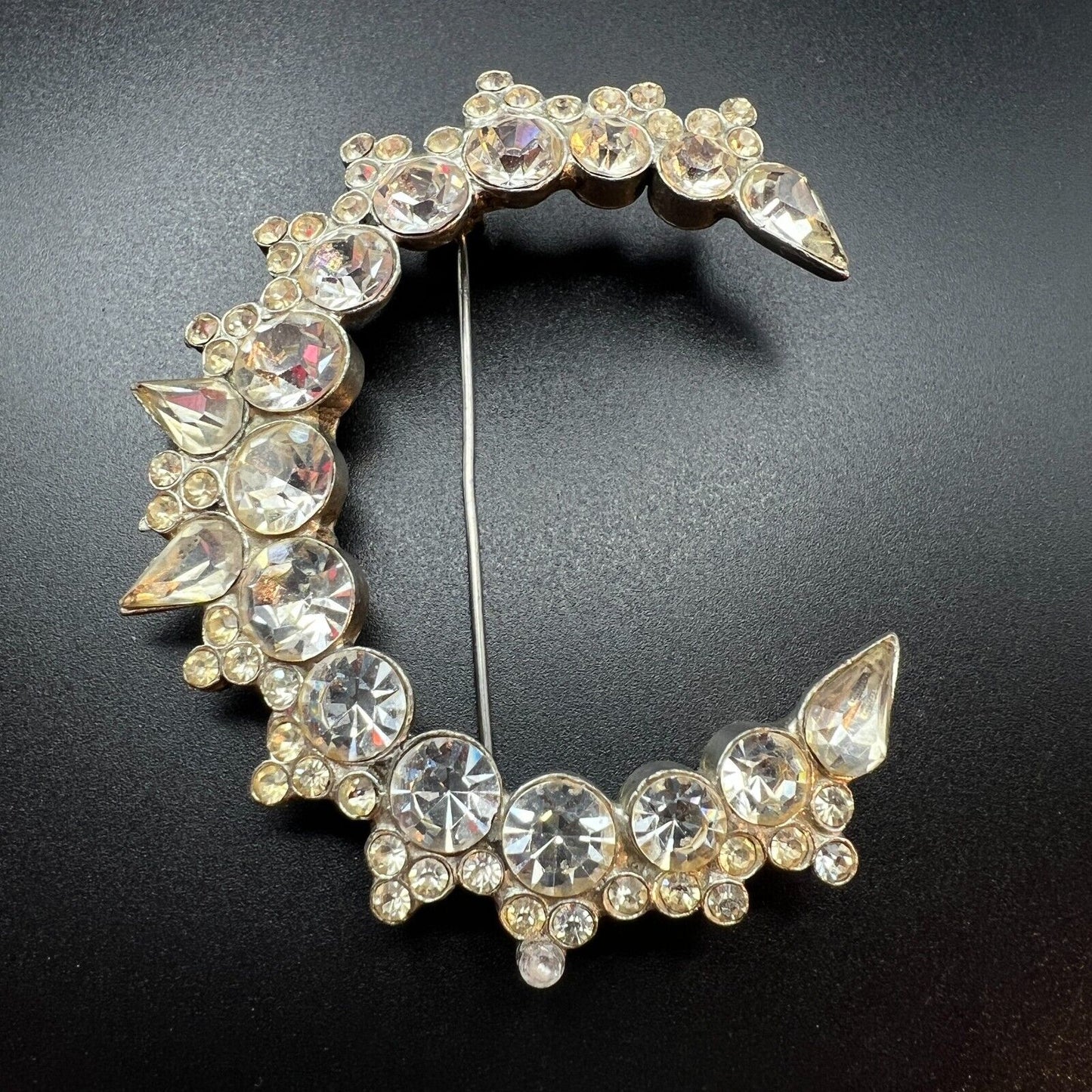 Vintage H. Pomerantz & Co.NY Crescent Moon Silver-Toned Clear Stones Brooch Pin