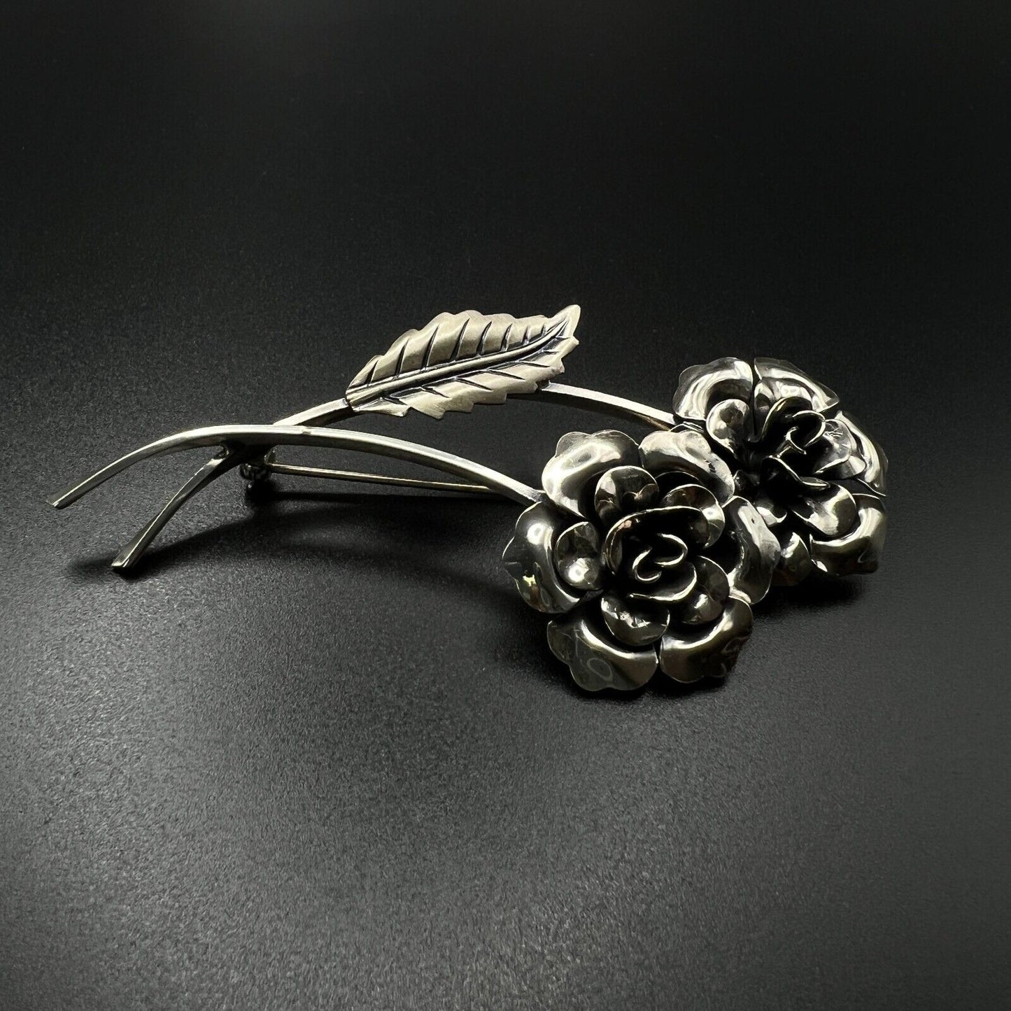 Vintage Marked Jewelart Sterling Silver Multi-Petaled Flowers w Leaf Brooch Pin