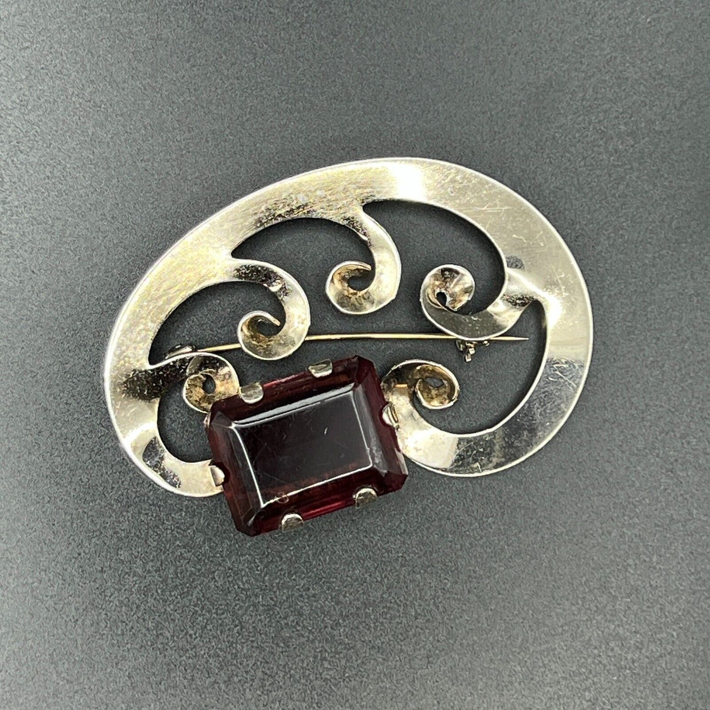 Vintage Sterling Silver with Amethyst Glass Stone Brooch Pin