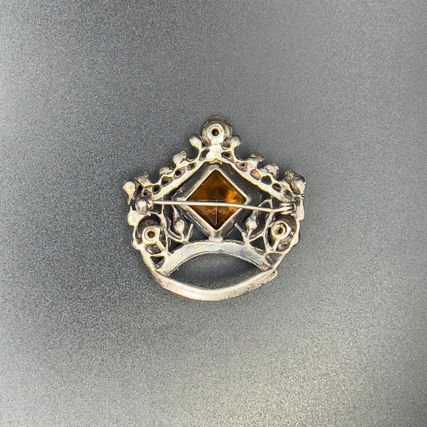 Vintage Silver-Toned Topaz & Emerald Colored Rhinestones Crown Brooch Pin