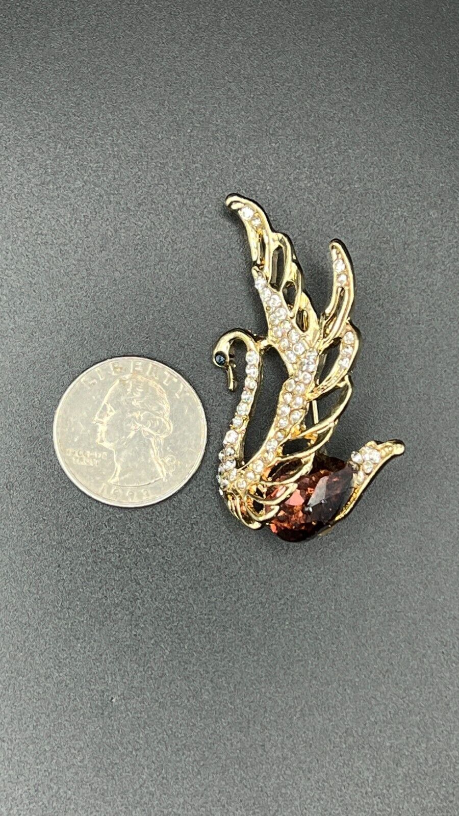 Vintage Gold-Toned Swan with Sparkly Deep Red & Clear Crystals Brooch Pin
