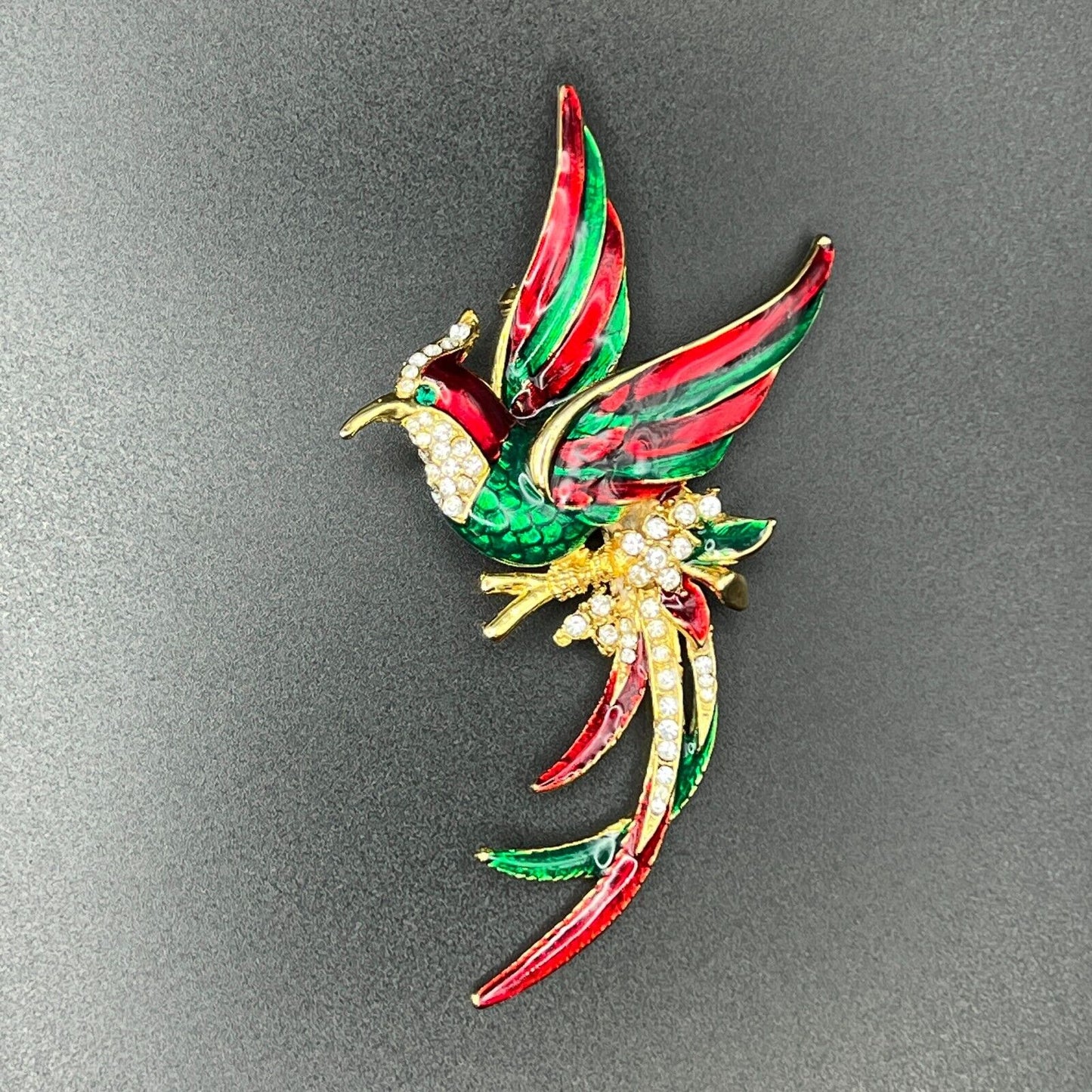 Vintage Novelty Bird Of Paradise Clear Crystals Red/Green Enameled Brooch Pin