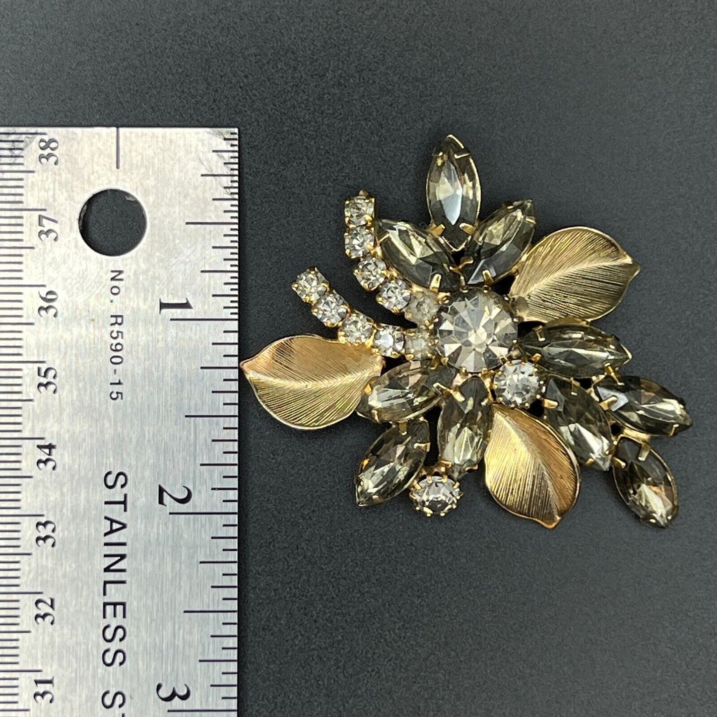 Vintage Flower Gold-Toned with Multi-Sized Smoky Gray Rhinestones Brooch Pin