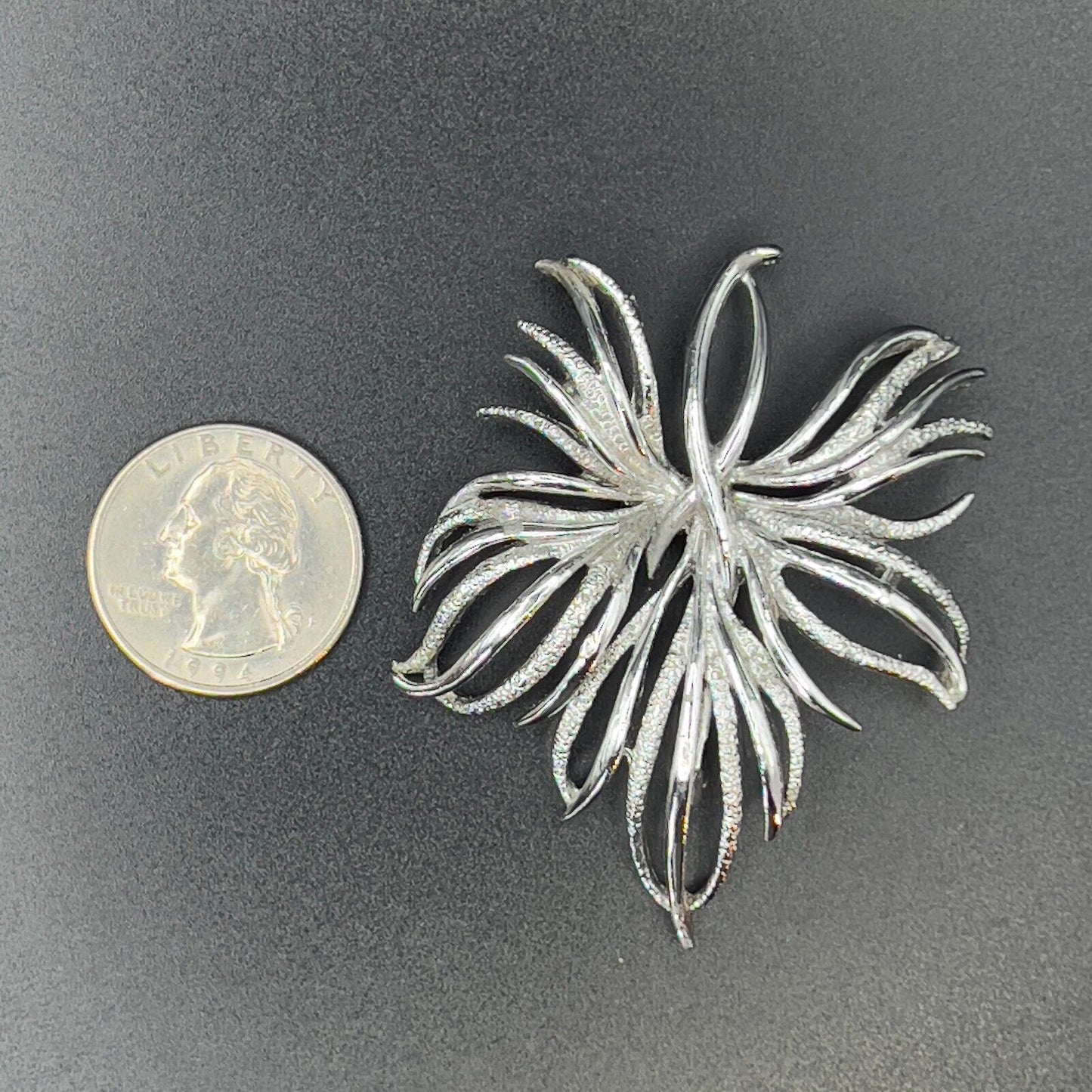 Vintage Silver-Toned Leaf Brooch- Brushed & Smooth Twigs & Sprigs Spray Stem Pin