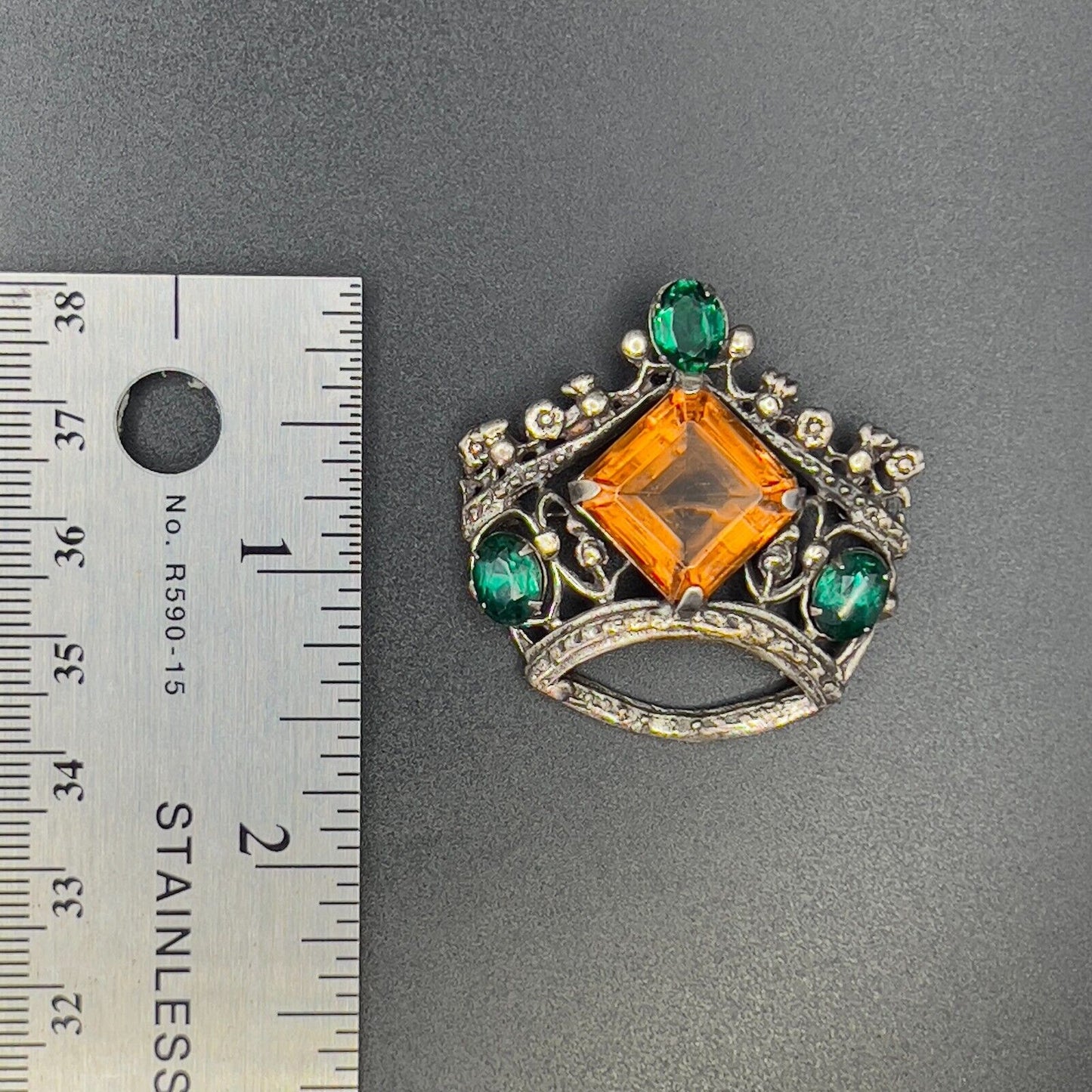 Vintage Silver-Toned Topaz & Emerald Colored Rhinestones Crown Brooch Pin