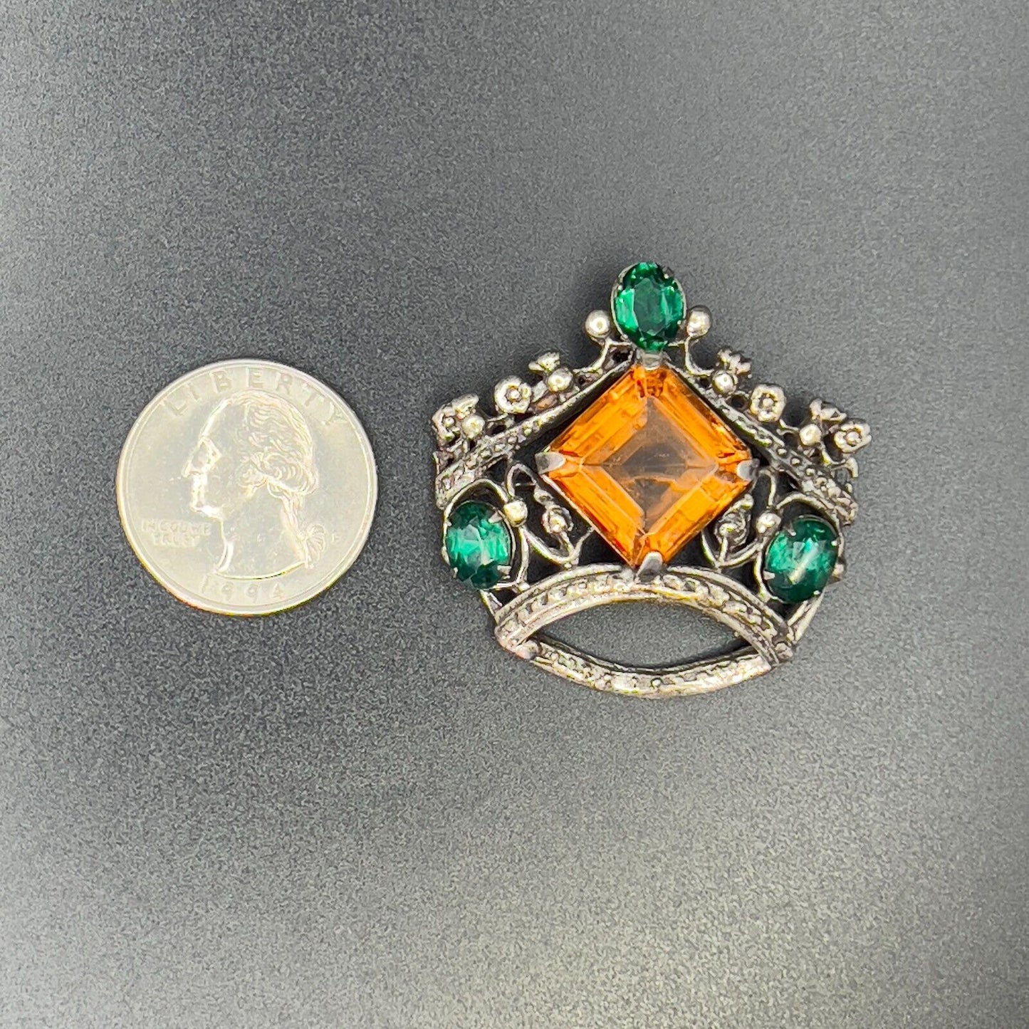 Vintage Silver-Toned Topaz & Emerald Colored Rhinestones Crown Brooch Pin