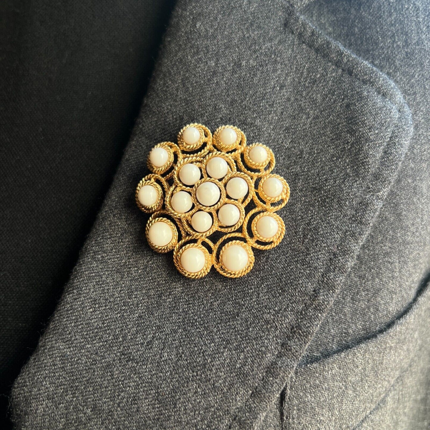 Vintage Signed Trifari Elegant Gold-Toned with Circular White Stones Brooch Pin