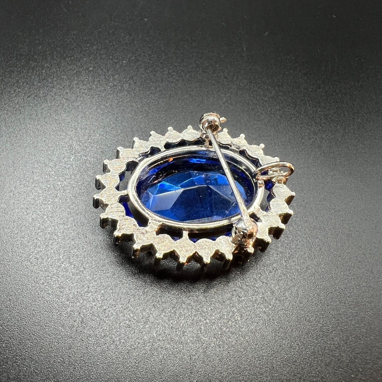 Vintage Sparkling Blue Glass & Clear Rhinestones Silver-Toned Pendant Brooch Pin