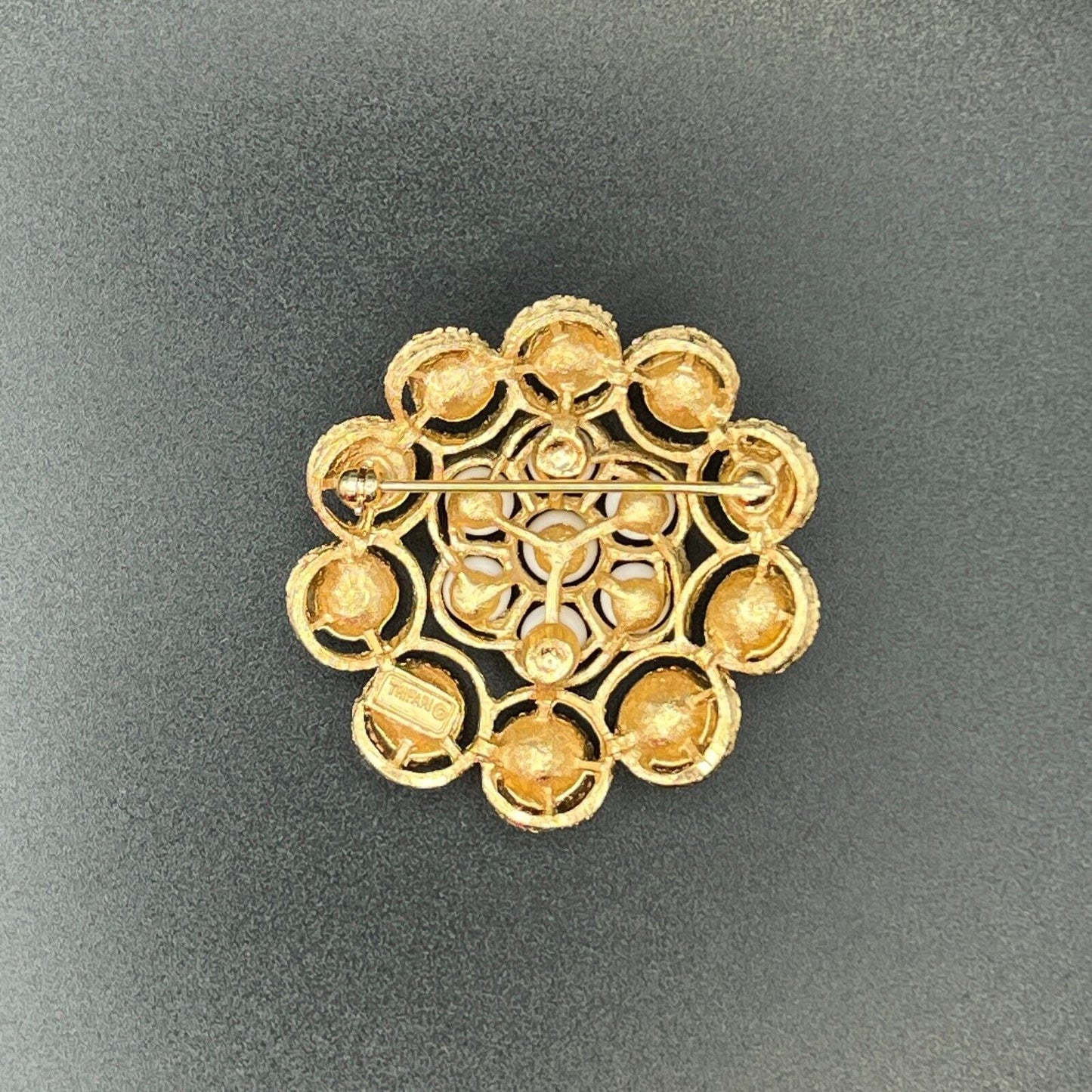 Vintage Signed Trifari Elegant Gold-Toned with Circular White Stones Brooch Pin