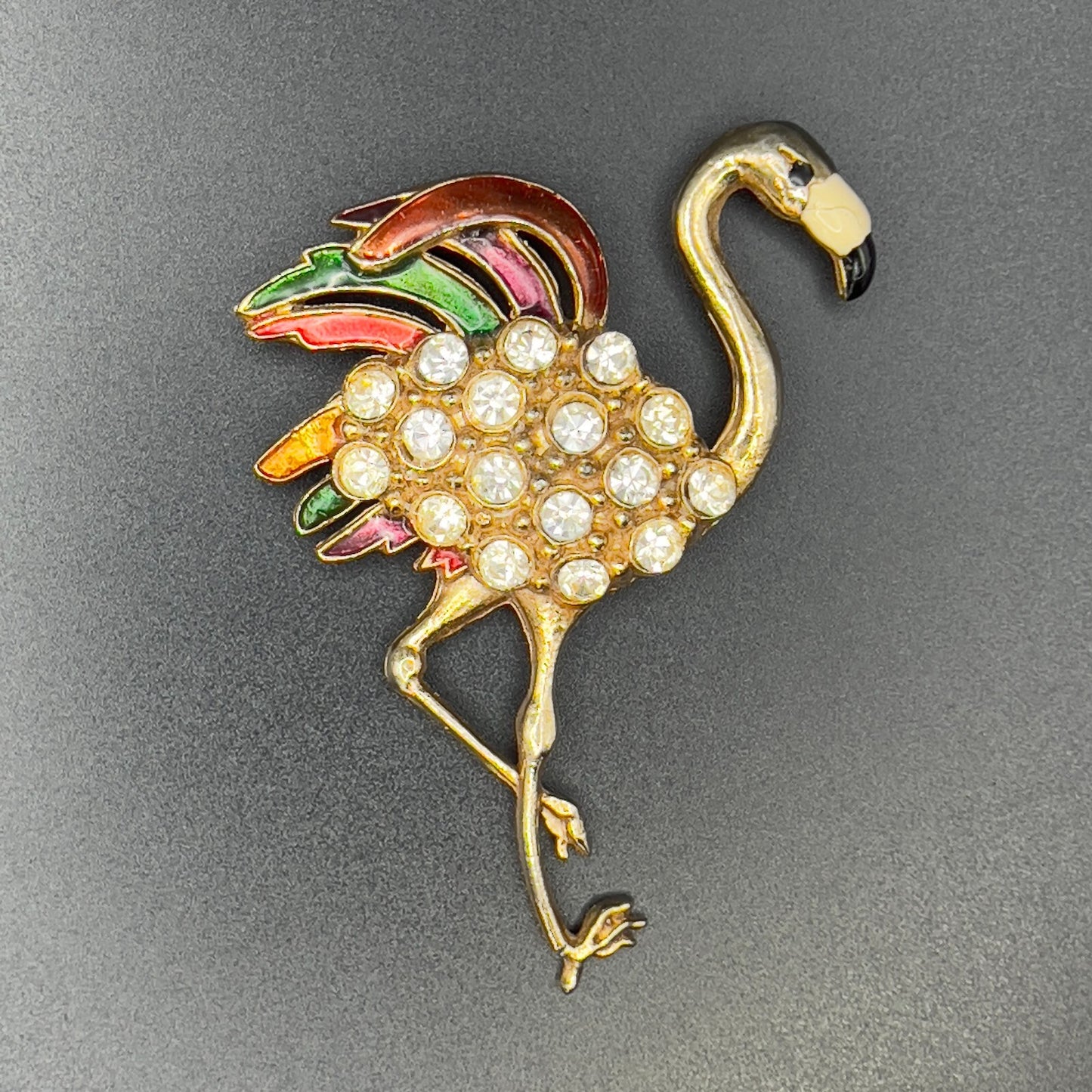 Vintage Novelty Large Flamingo Gold-Toned & Enamel Brooch w Clear Rhinestones