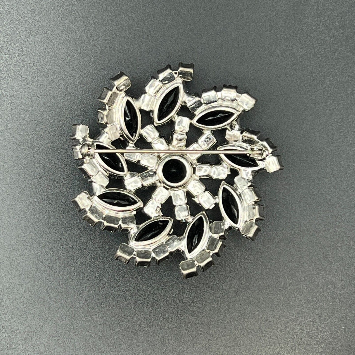 Vintage Schreiner? Silver-Tone w Jet Black Rhinestones & Smoky Topaz AB Brooch