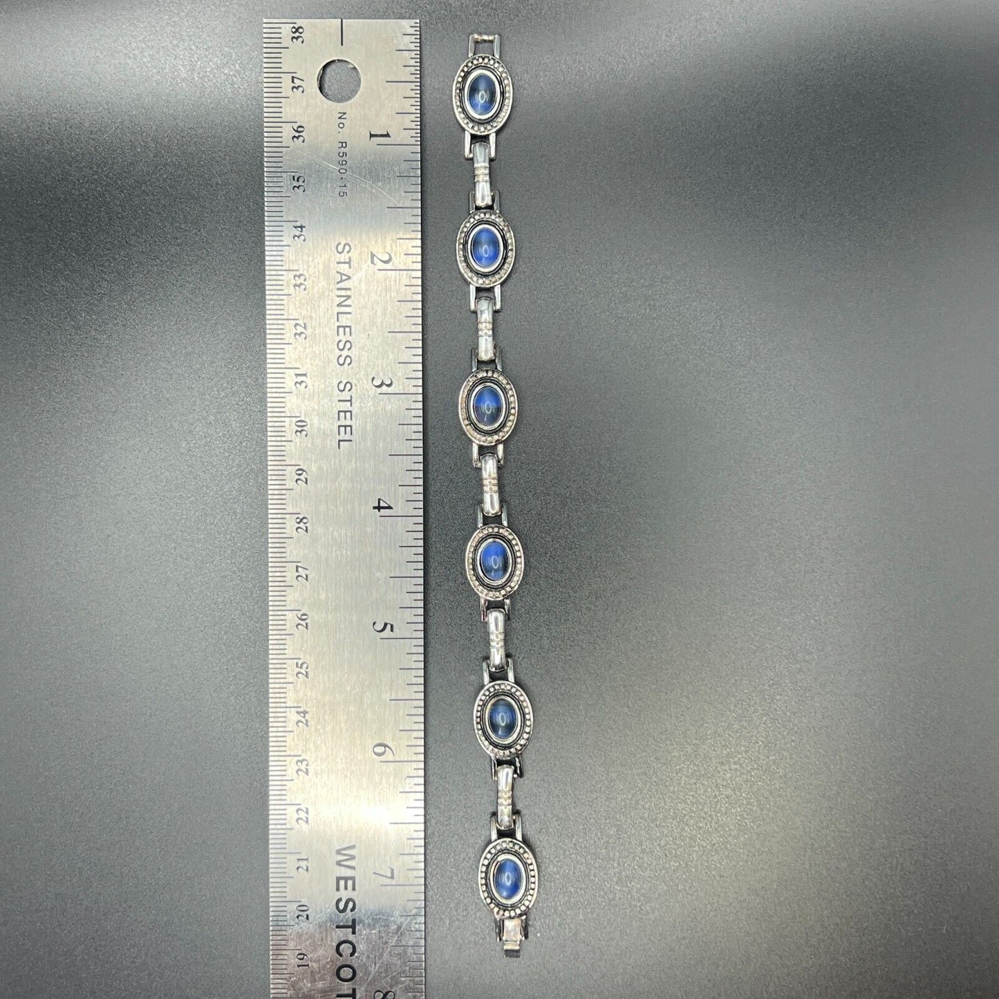 Vintage Elegant Silver-Toned Liz Claiborne Blue Cabochon Link Bracelet