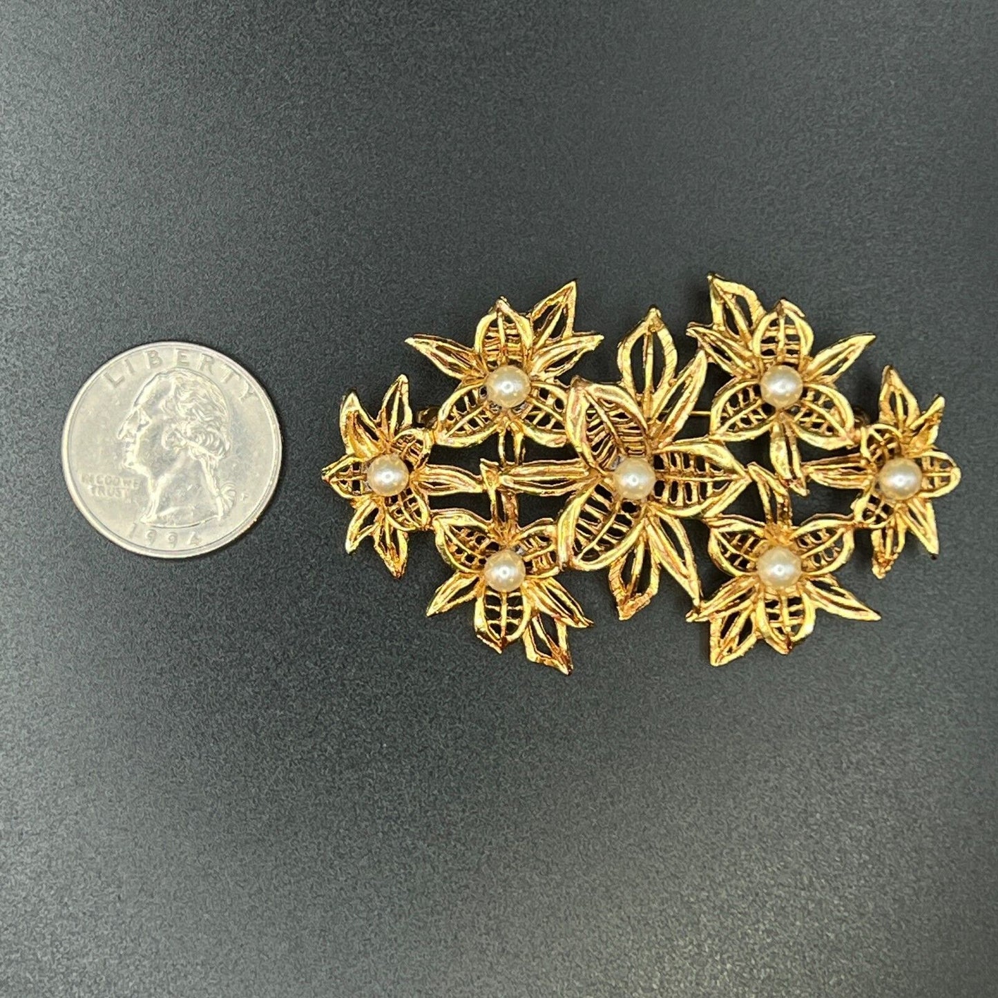 Vintage Large Flower Cluster with Faux Pearls Gold-Toned Bouquet Brooch Pin