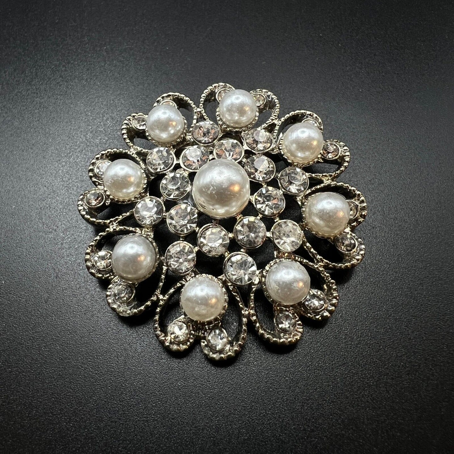 Vintage Silver-Toned Crystal Rhinestones & Faux Pearl Scroll Work Brooch Pin