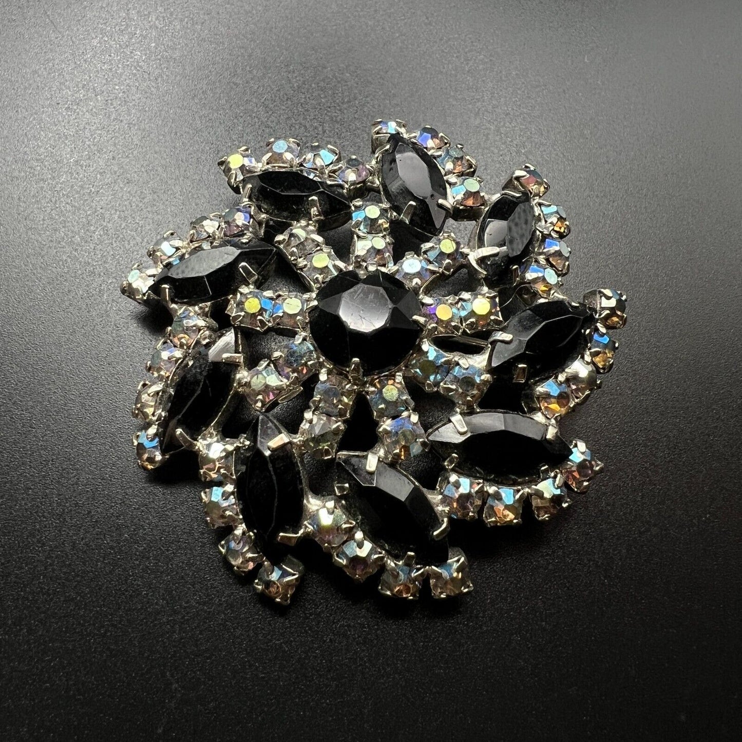 Vintage Schreiner? Silver-Tone w Jet Black Rhinestones & Smoky Topaz AB Brooch