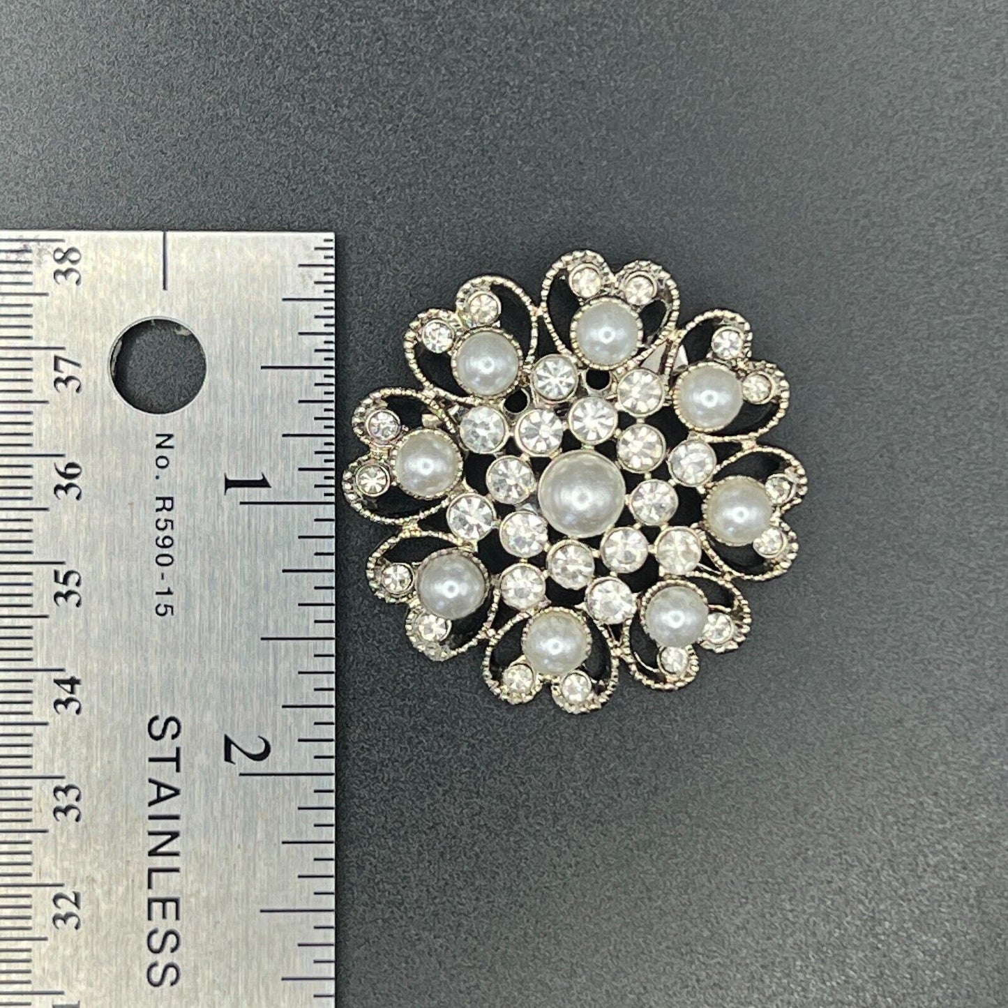 Vintage Silver-Toned Crystal Rhinestones & Faux Pearl Scroll Work Brooch Pin
