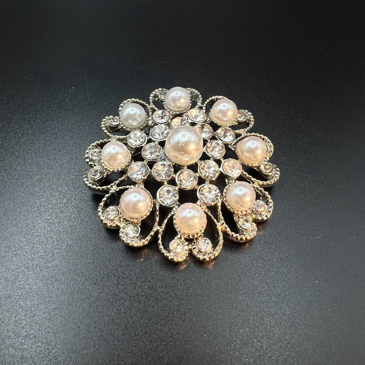 Vintage Silver-Toned Crystal Rhinestones & Faux Pearl Scroll Work Brooch Pin