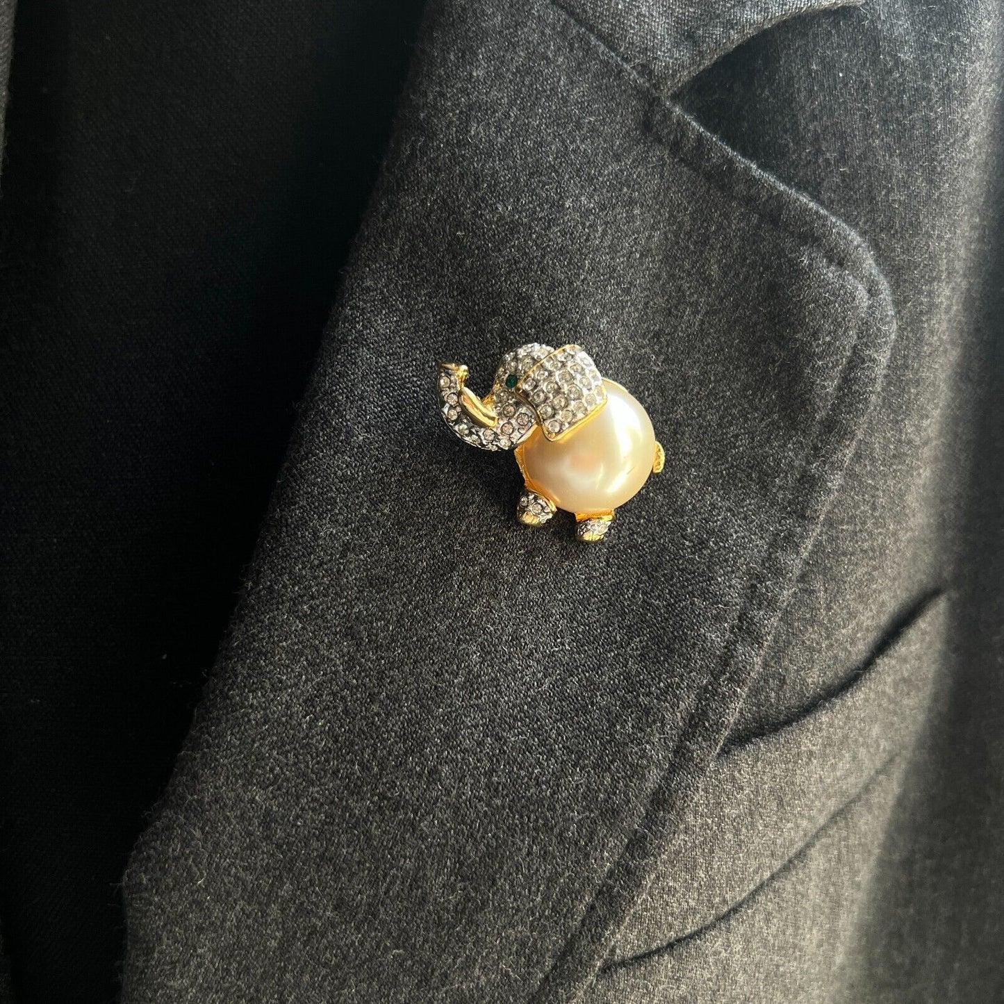 Vintage Novelty Kenneth Lane Elephant Faux Pearl Belly Brooch Pin